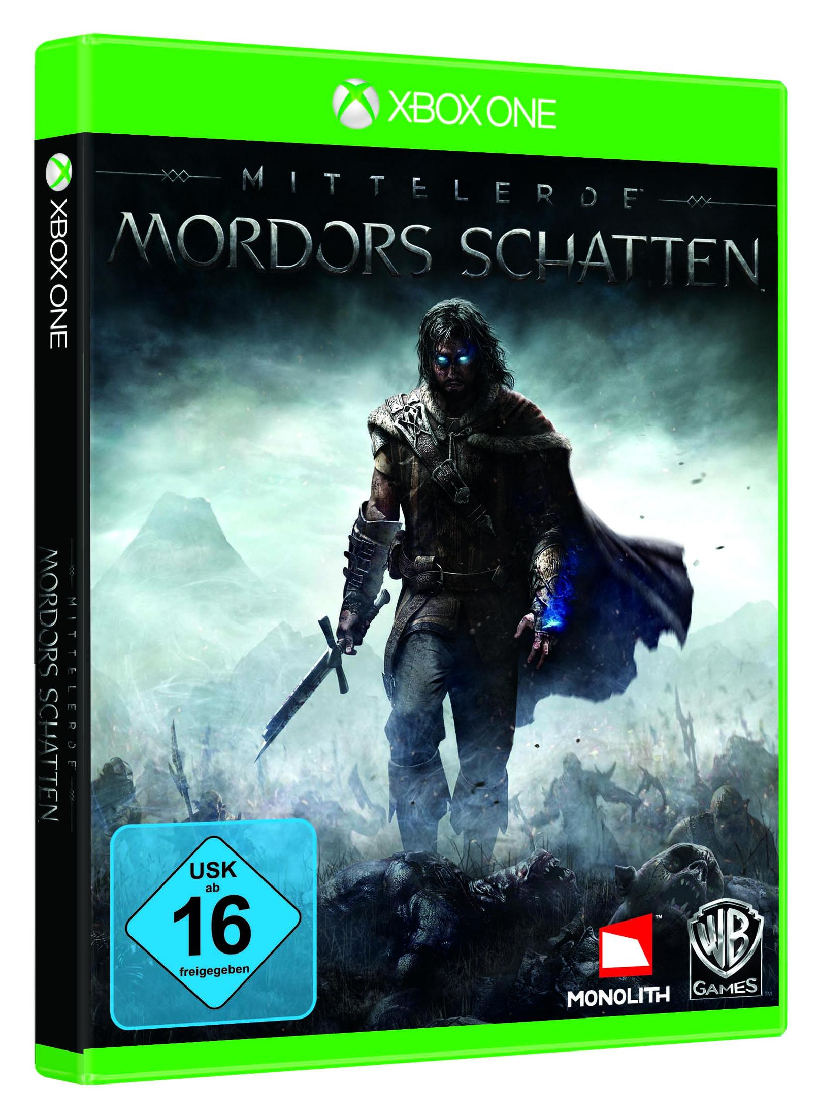 Xbox One-Spielcover: Mittelerde: Mordors Schatten. Ein Krieger mit einem Schwert steht über gefallenen Orks.