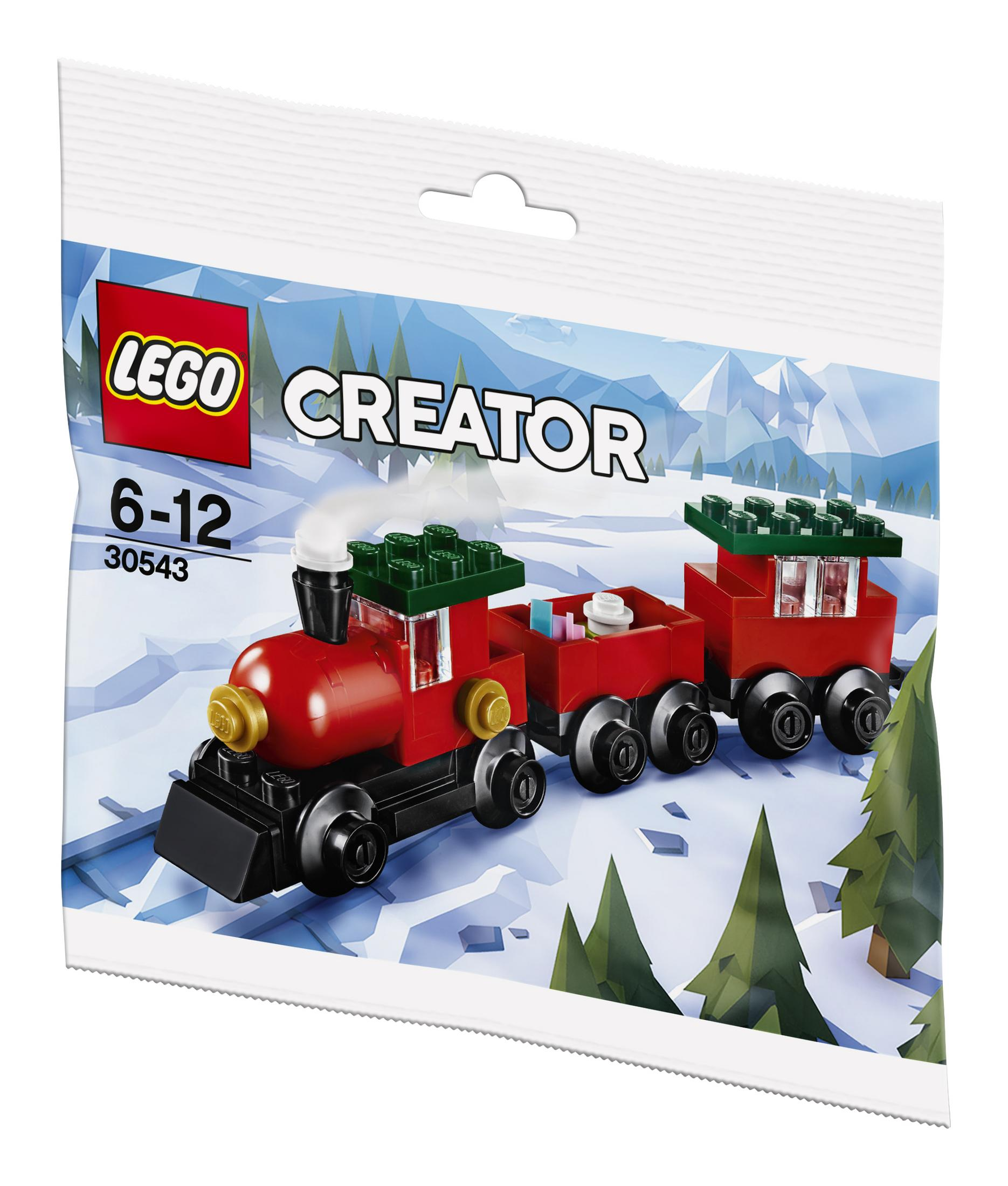 Sacchetto Lego Creator con un treno Lego rosso e verde su uno sfondo innevato.