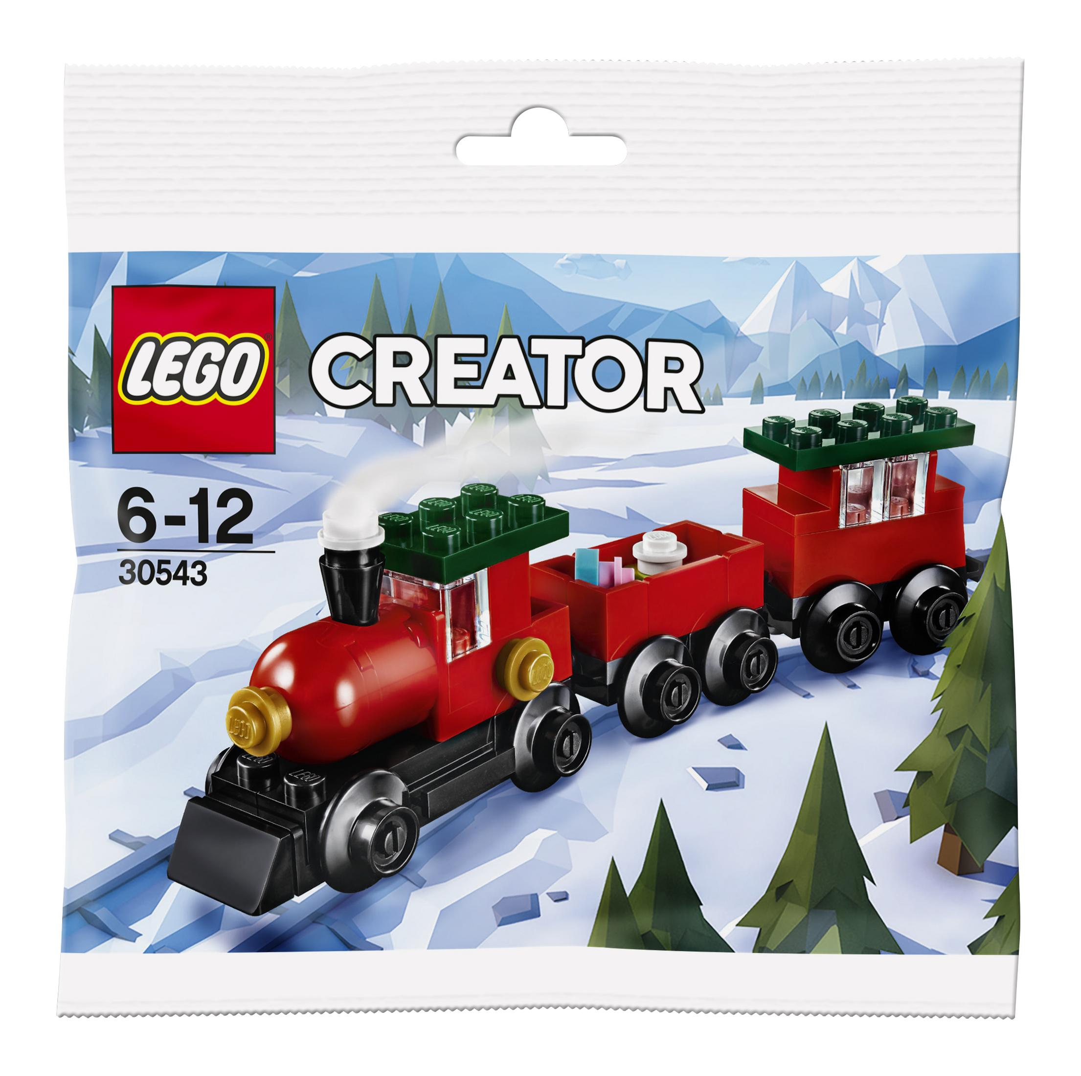 Un set Lego Creator con un treno rosso e nero, con accenti verdi e bianchi, su uno sfondo di montagna innevata.