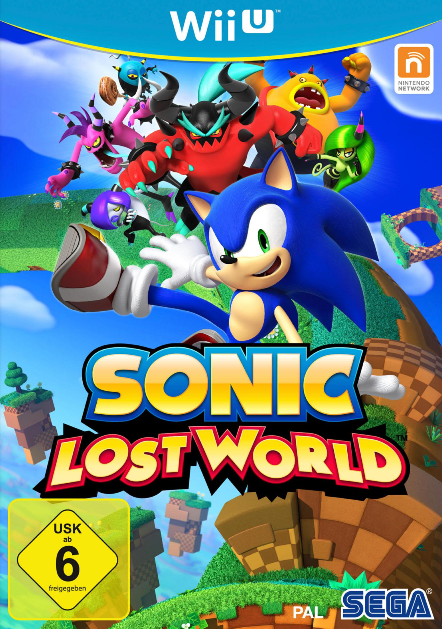 Sonic Lost World Wii U Spielcover mit Sonic und Bösewichten vor einem farbenfrohen, kurvenreichen Pfad.