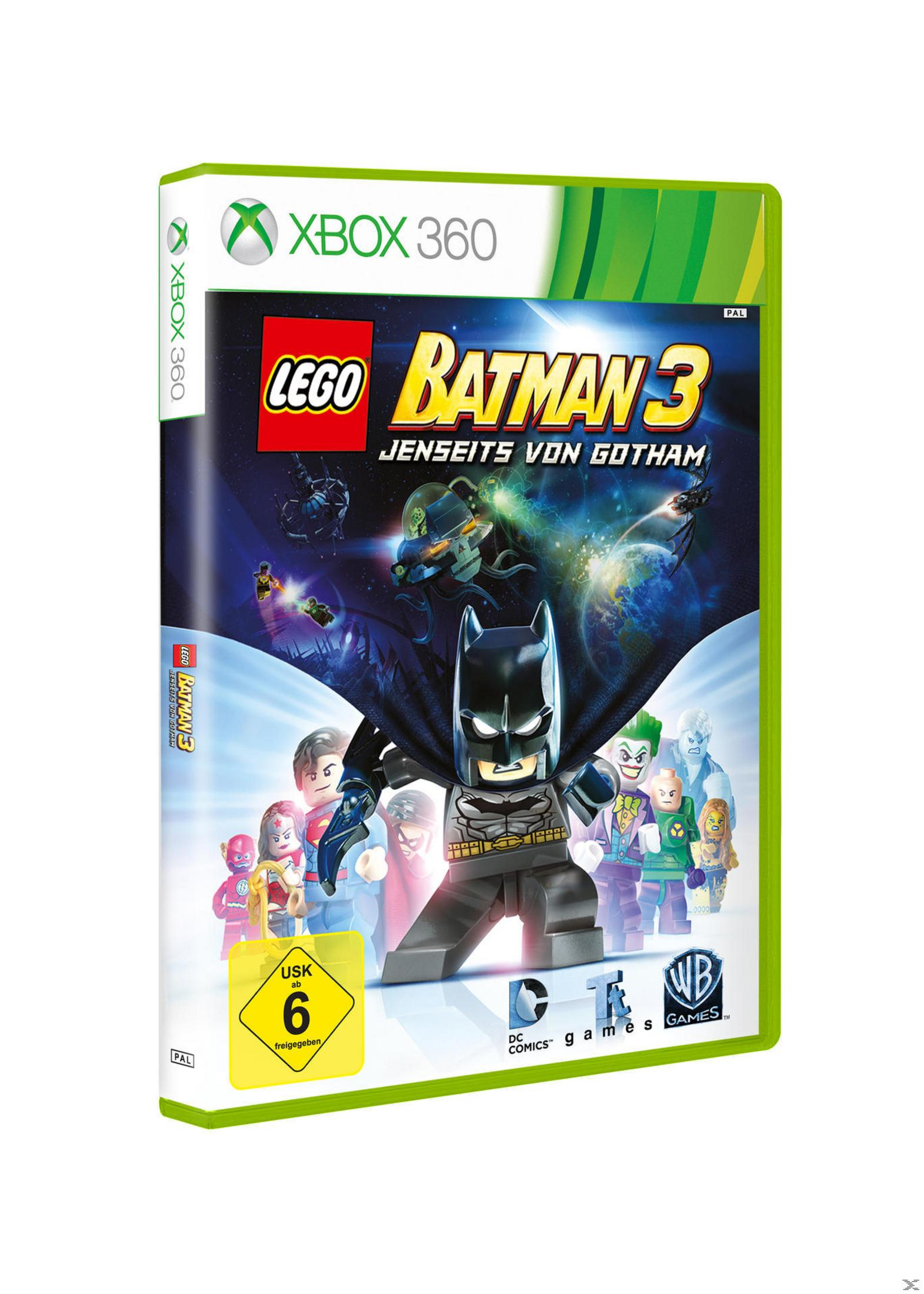 Lego Batman 3 Xbox 360 Spielcover mit Lego Batman und Schurken in einer kosmischen Gotham-Umgebung.