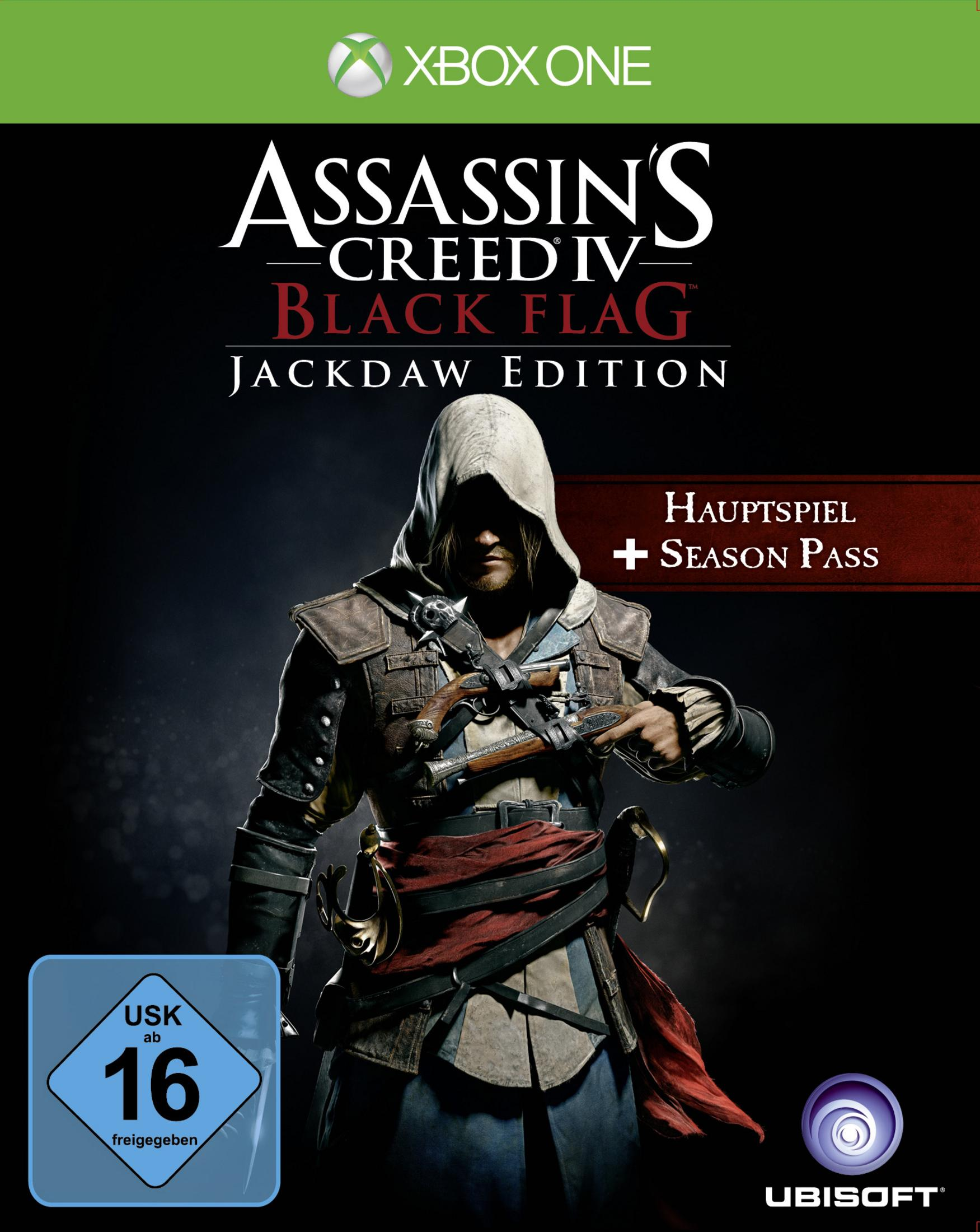 Spielcover: Assassin's Creed IV Black Flag, Jackdaw Edition. Mann mit Kapuze hält Waffen. Xbox One Logo.