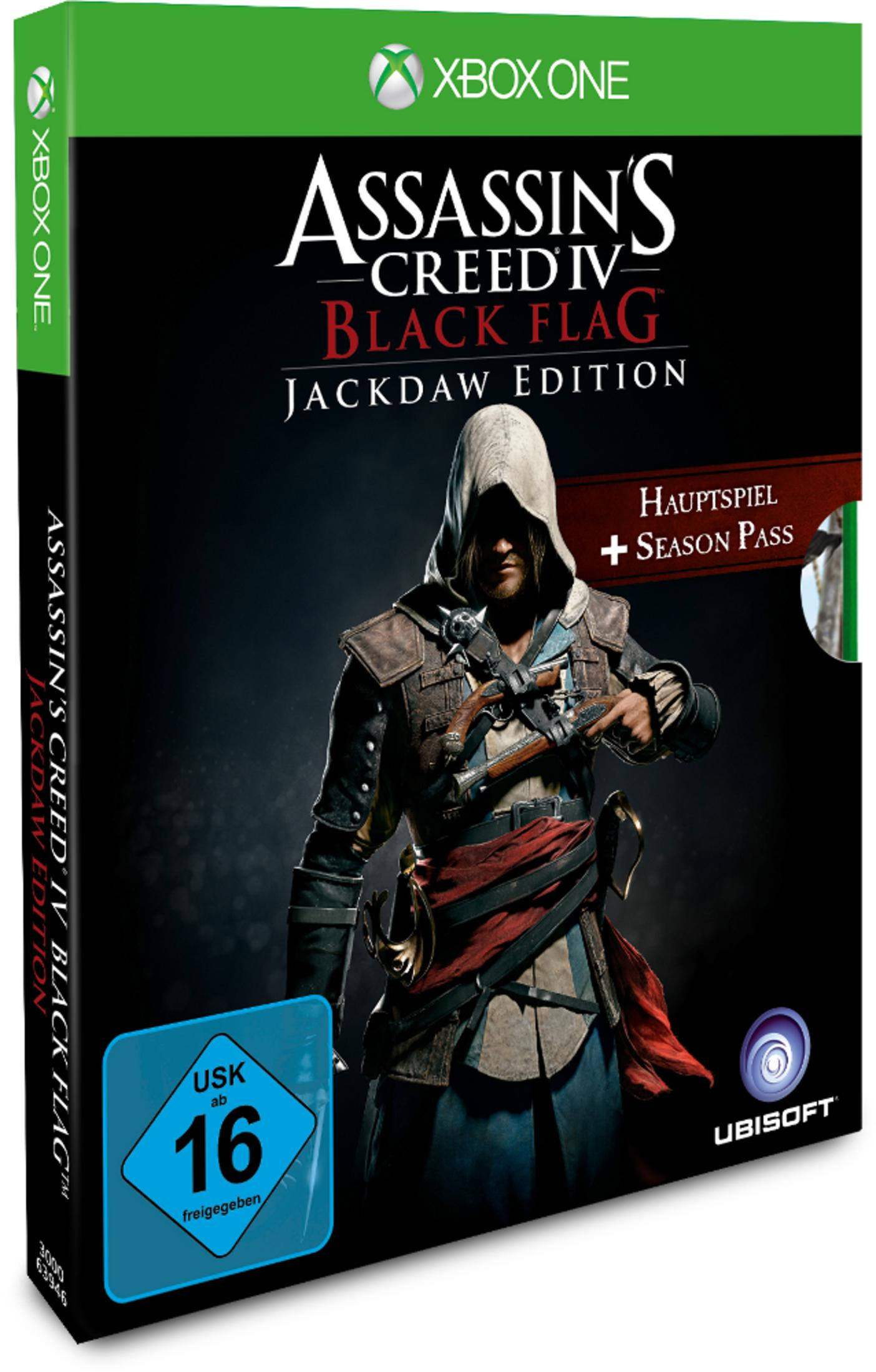 Spielcover: Assassin's Creed IV Black Flag, Jackdaw Edition. Mann mit Kapuze hält Waffen. Xbox One Logo.
