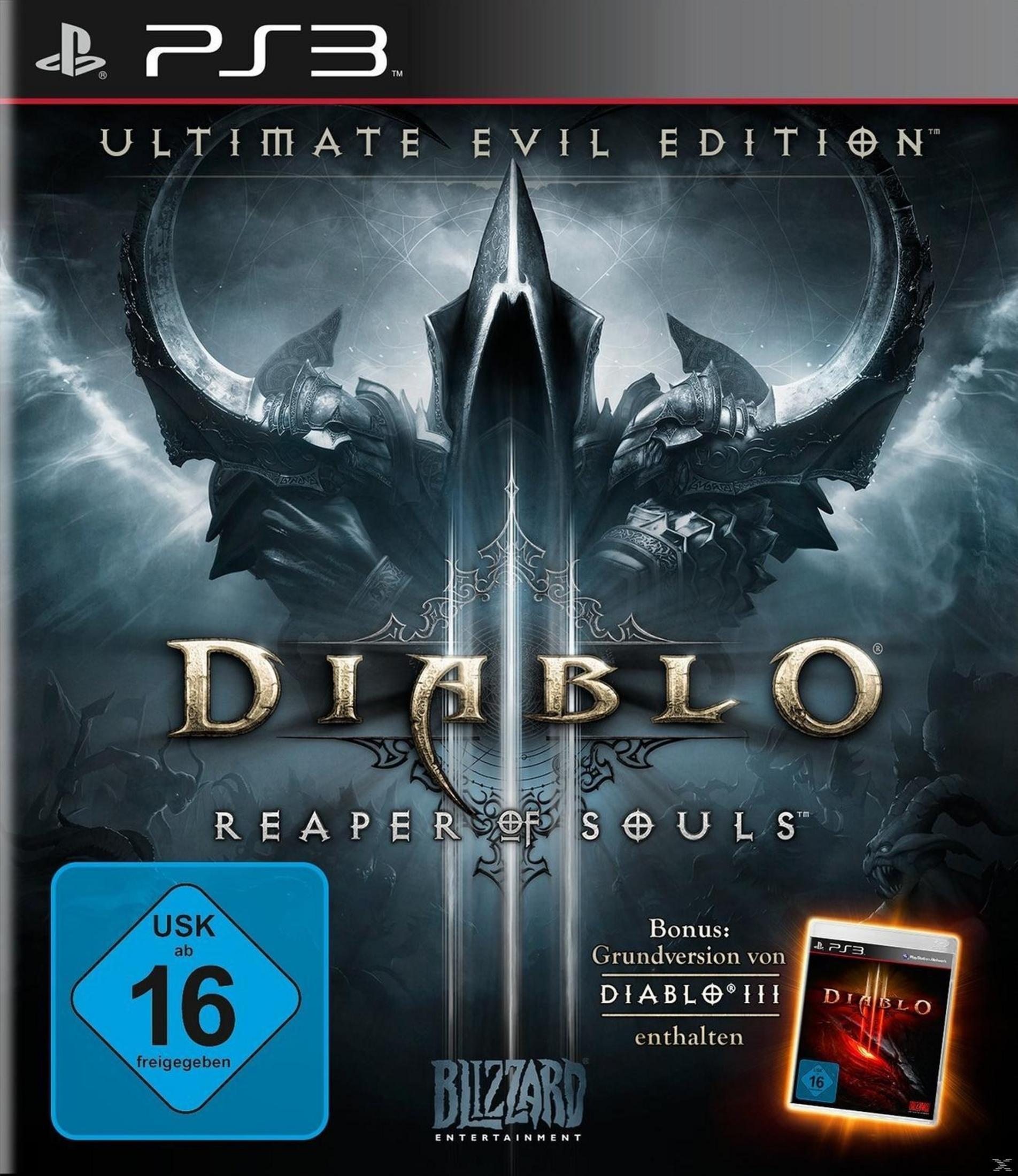 Spielcover: Diablo III Reaper of Souls, mit einer dunklen Figur und einem dämonischen Design. PS3-Logo.