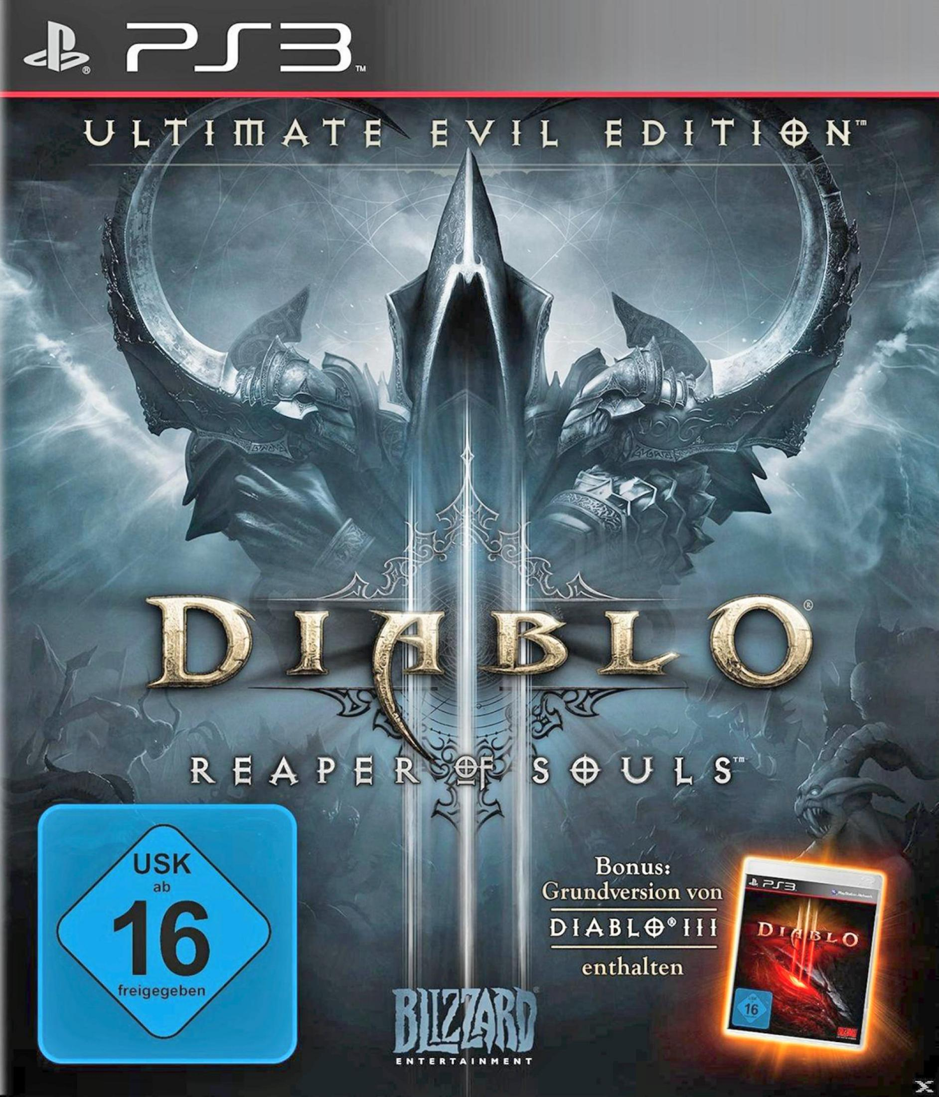 Spielcover: Diablo III Reaper of Souls, mit einer dunklen Figur und einem dämonischen Design. PS3-Logo.