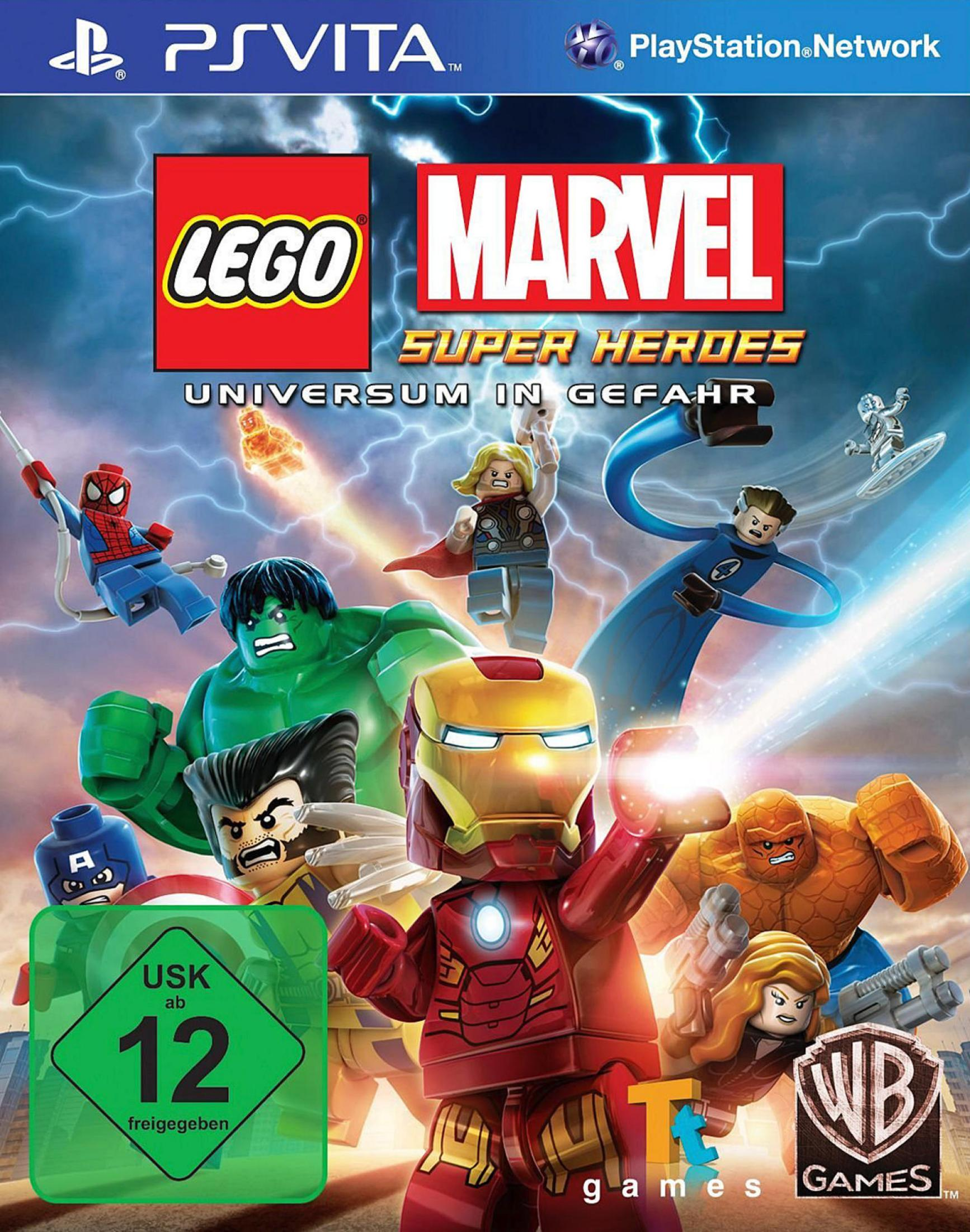 Lego Marvel Super Heroes Spielcover. Zeigt Lego-Figuren verschiedener Helden, darunter Iron Man.