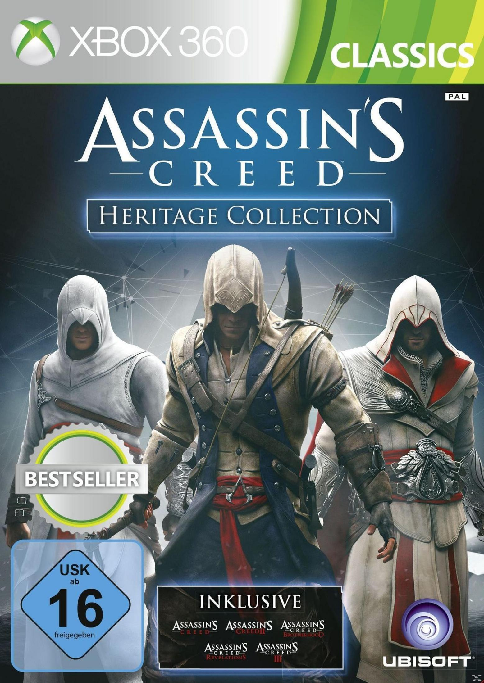 Xbox 360 Spiel Assassin's Creed Heritage Collection Cover mit drei Kapuzenfiguren in historischer Kleidung.