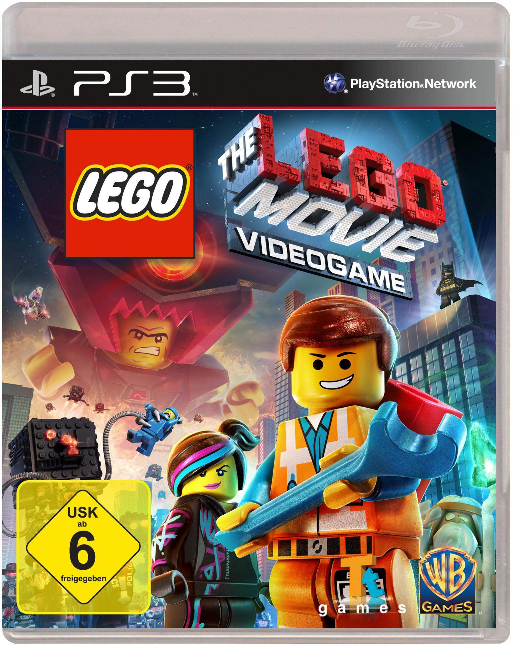 Das Lego Movie Videogame Cover mit Lego-Charakteren. Emmet hält einen Schraubenschlüssel, Lego-Logo und USK-Bewertung sichtbar.