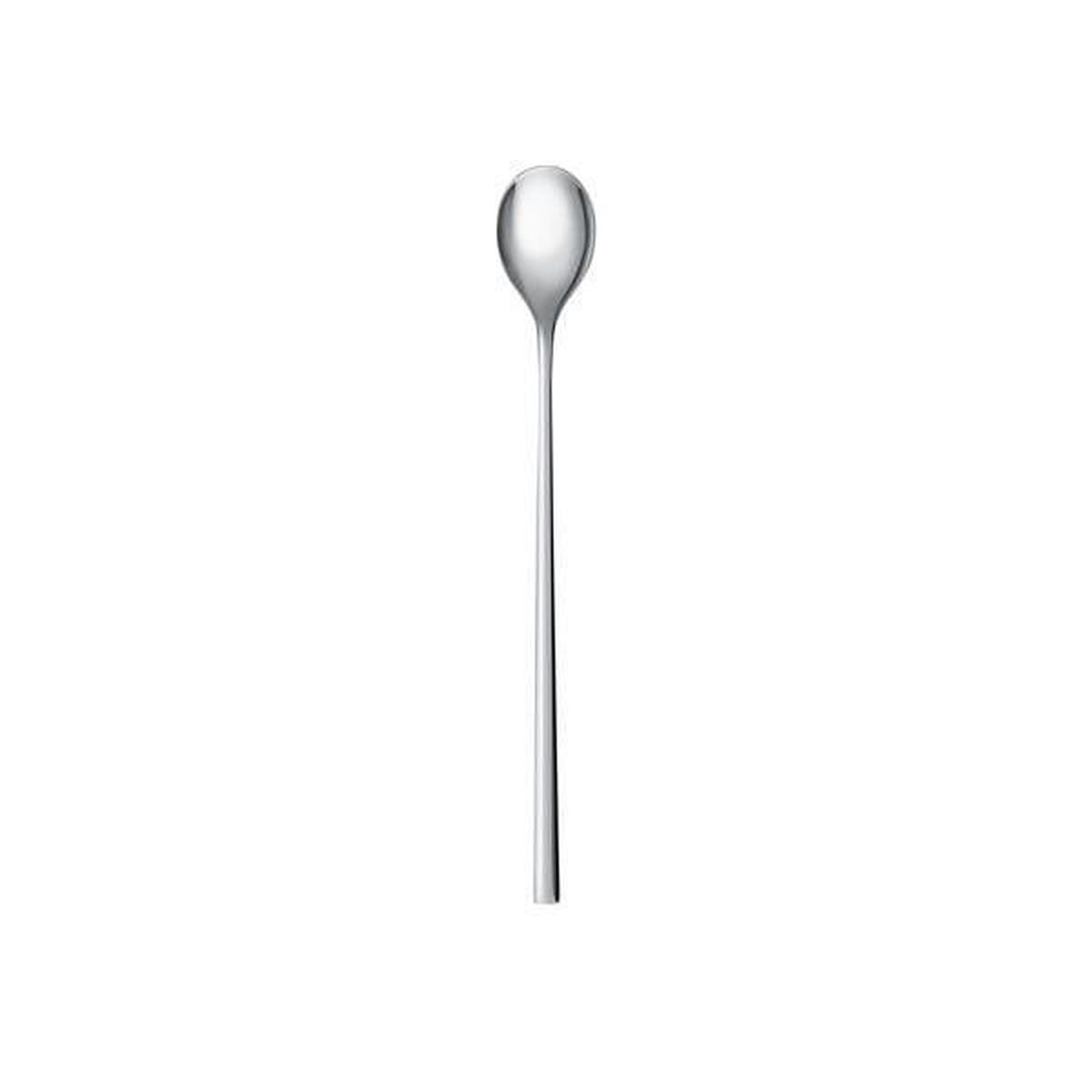 Une cuillère argentée avec un long manche et un bol ovale, debout verticalement sur fond blanc.