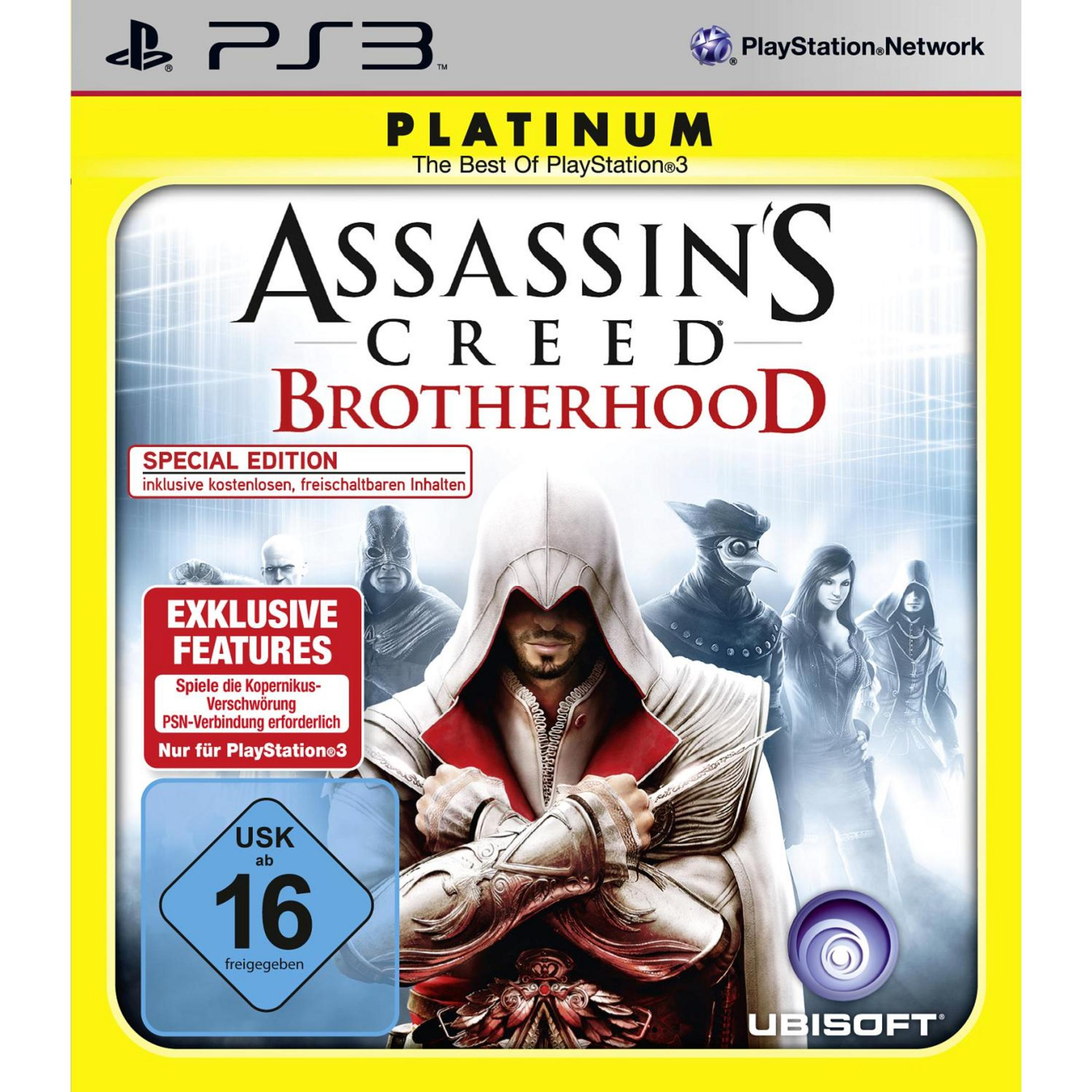 Spielcover: Assassin's Creed Brotherhood, mit einer Kapuzenfigur und anderen Charakteren in einer verschneiten Szene.