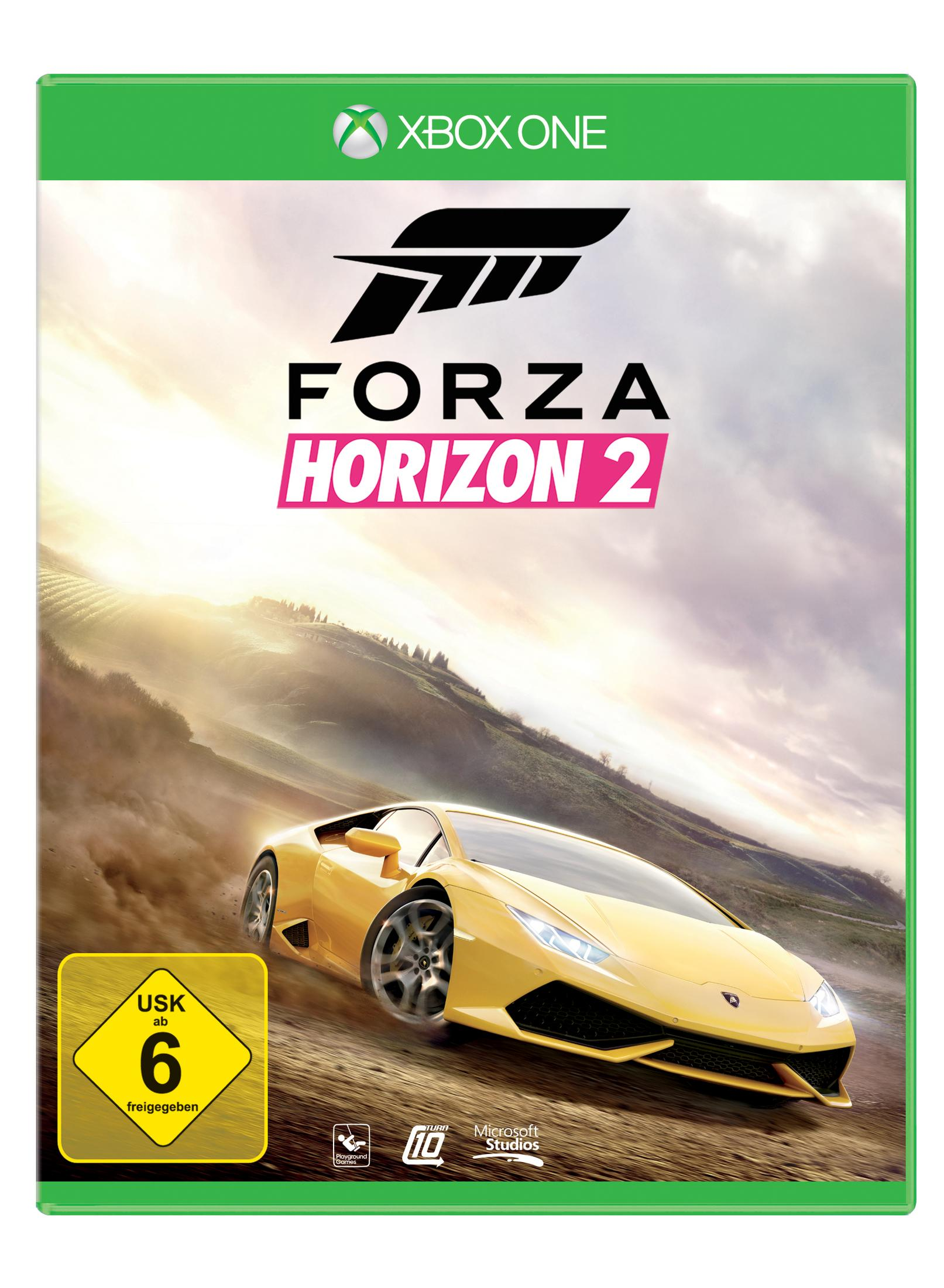 Forza Horizon 2 Spielcover. Ein gelbes Auto fährt auf einer Straße mit Berg und Himmel im Hintergrund.