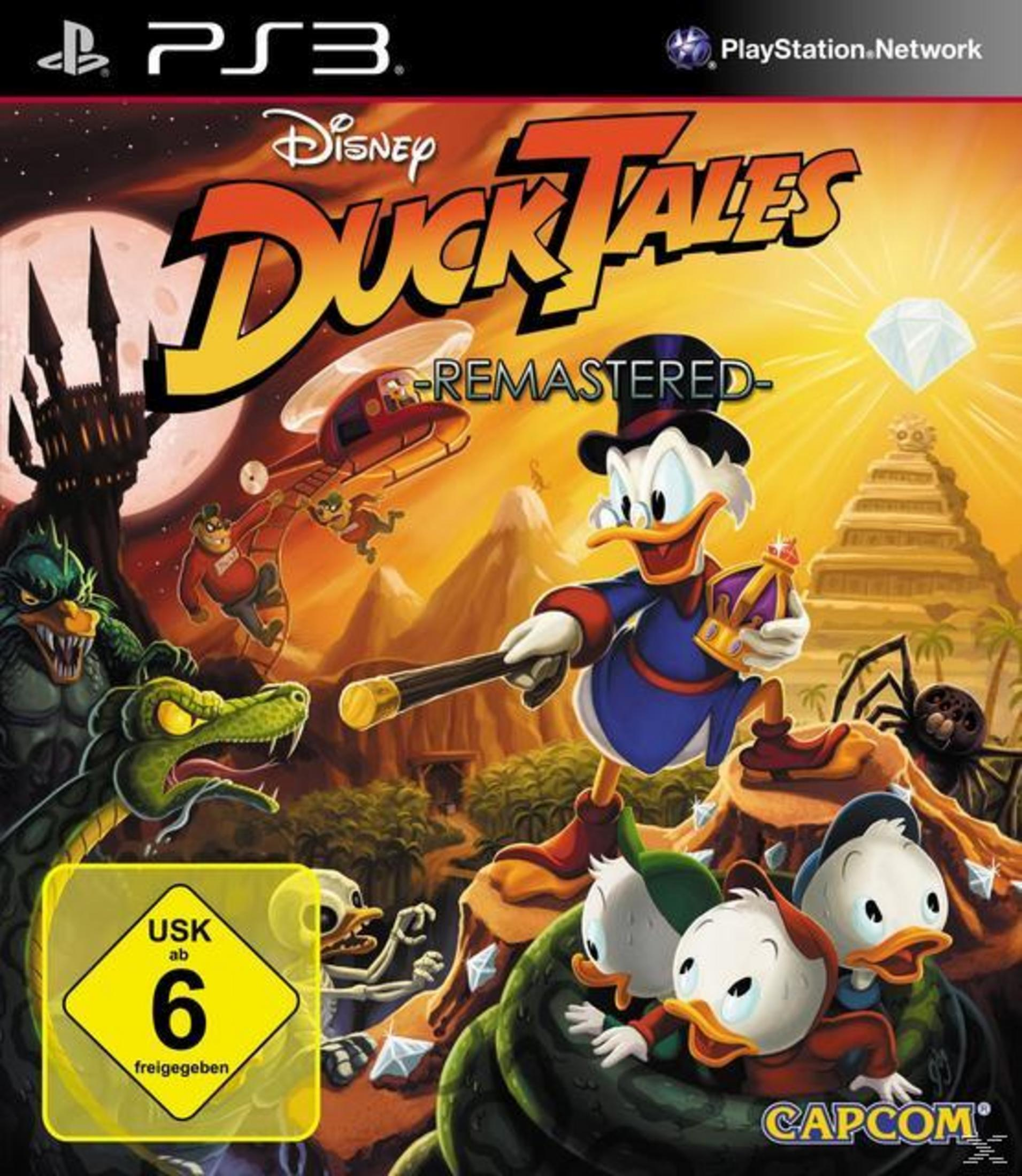 Spielcover von "DuckTales Remastered" mit Dagobert Duck, Tick, Trick und Track.