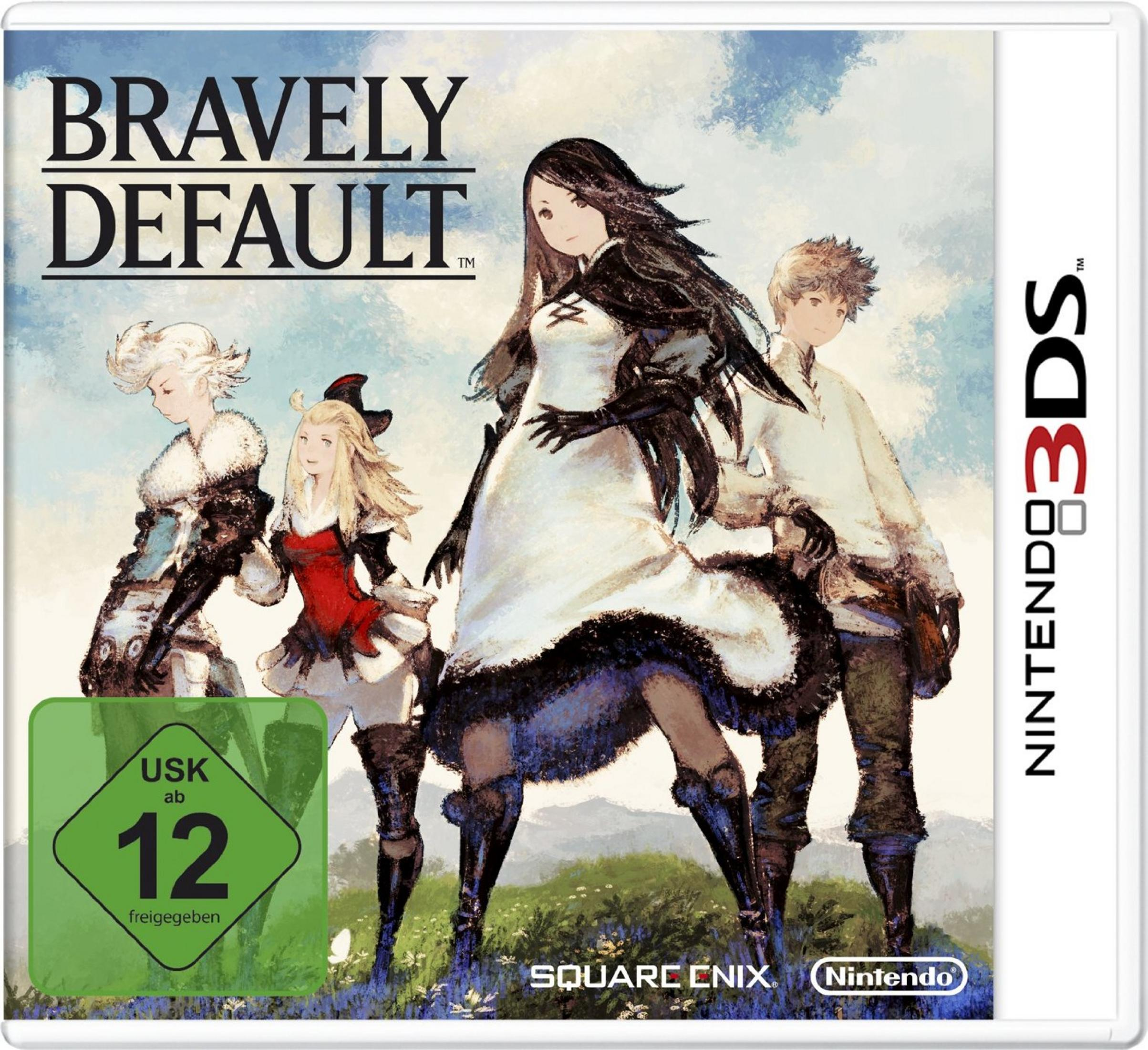 Spielcover mit vier Charakteren aus dem Spiel 'Bravely Default' auf einer 3DS-Box.