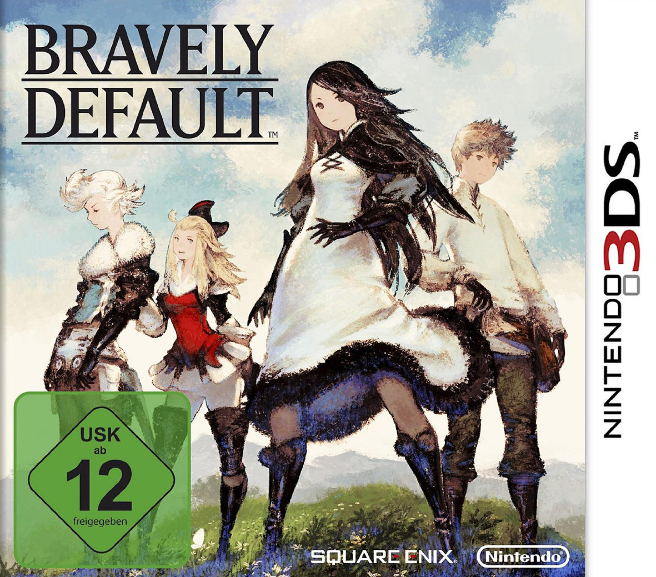 Spielcover mit vier Charakteren aus dem Spiel 'Bravely Default' auf einer 3DS-Spielbox.