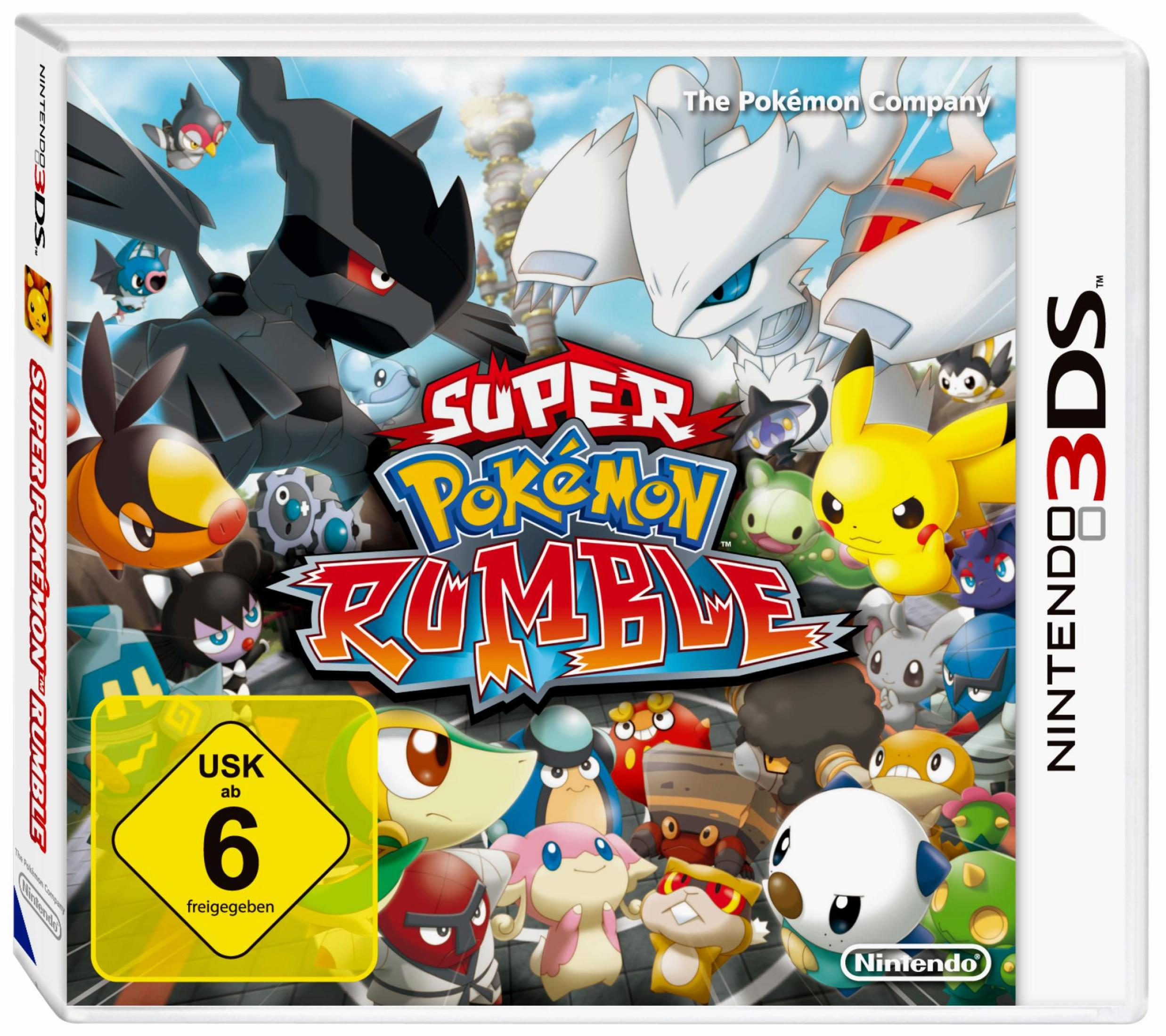 Nintendo 3DS-Spielcover: Super Pokémon Rumble, mit verschiedenen Pokémon-Charakteren.