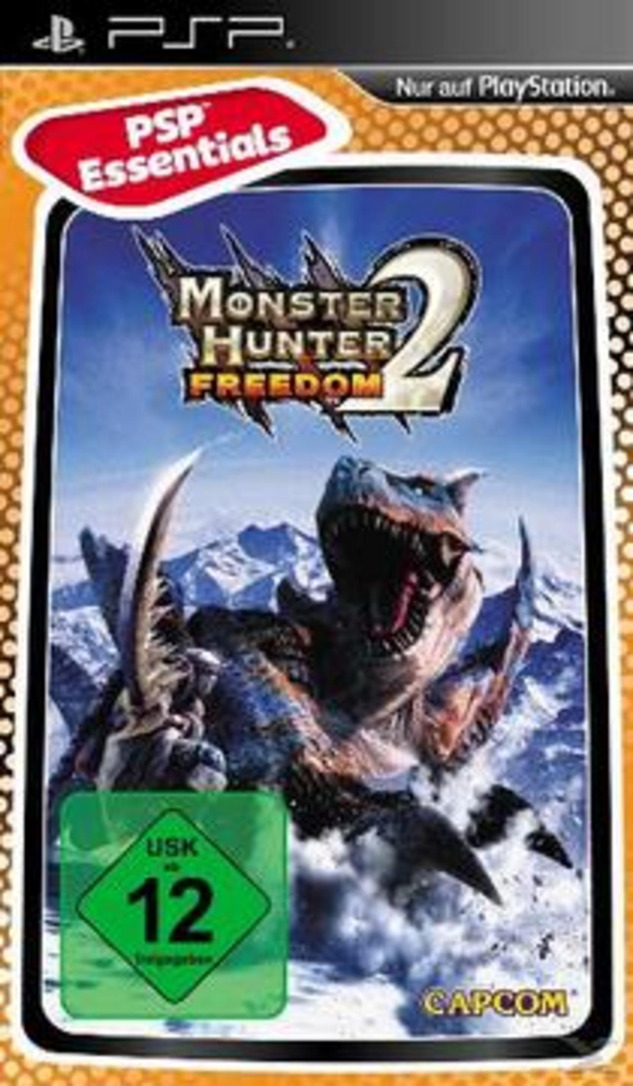 Monster Hunter Freedom 2 PSP-Spielcover mit einem blauen Monster, Bergen und dem PSP Essentials-Logo.