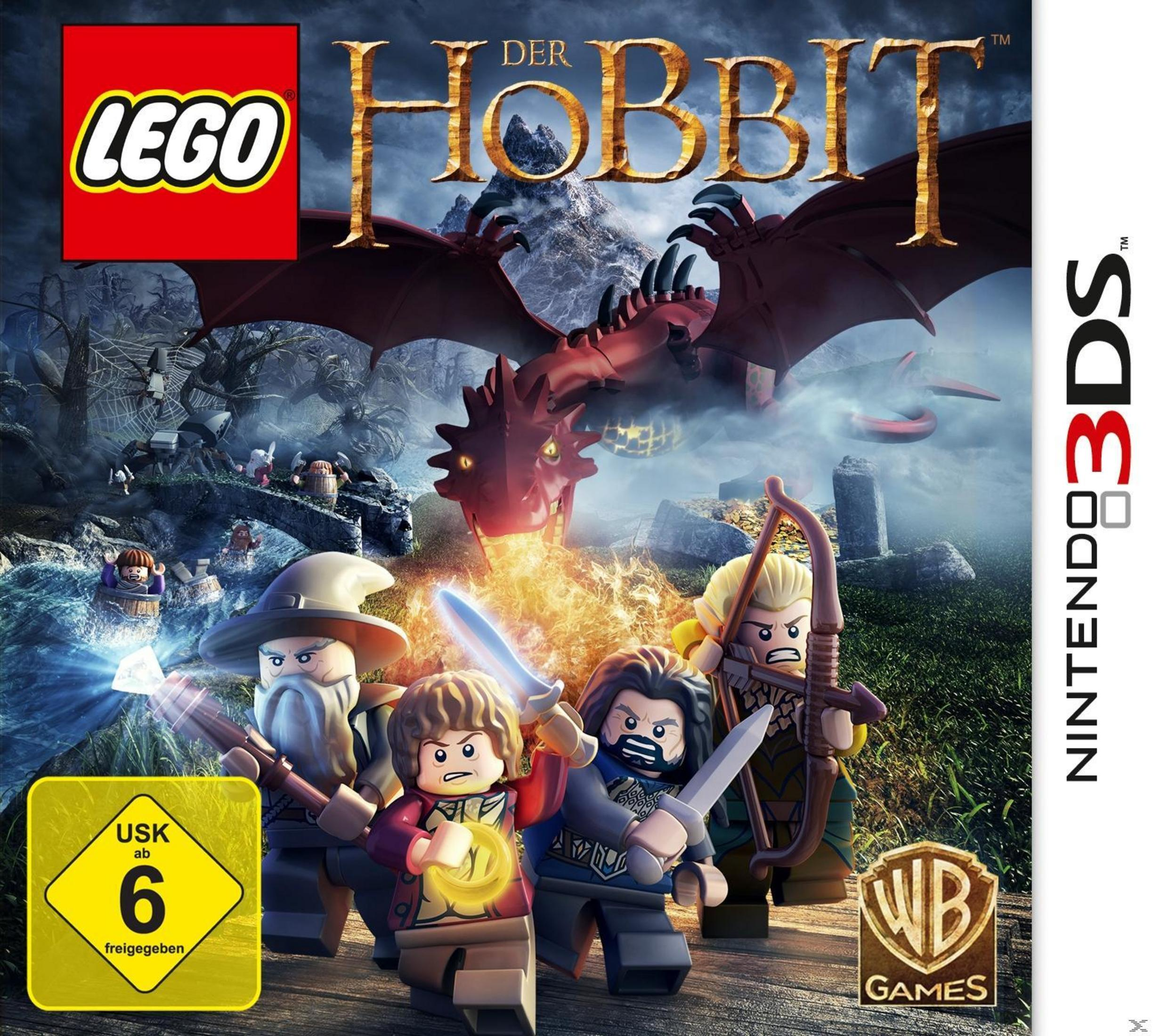 LEGO Der Hobbit 3DS-Spielcover mit Lego-Figuren, einem Drachen und dem Nintendo 3DS-Logo.