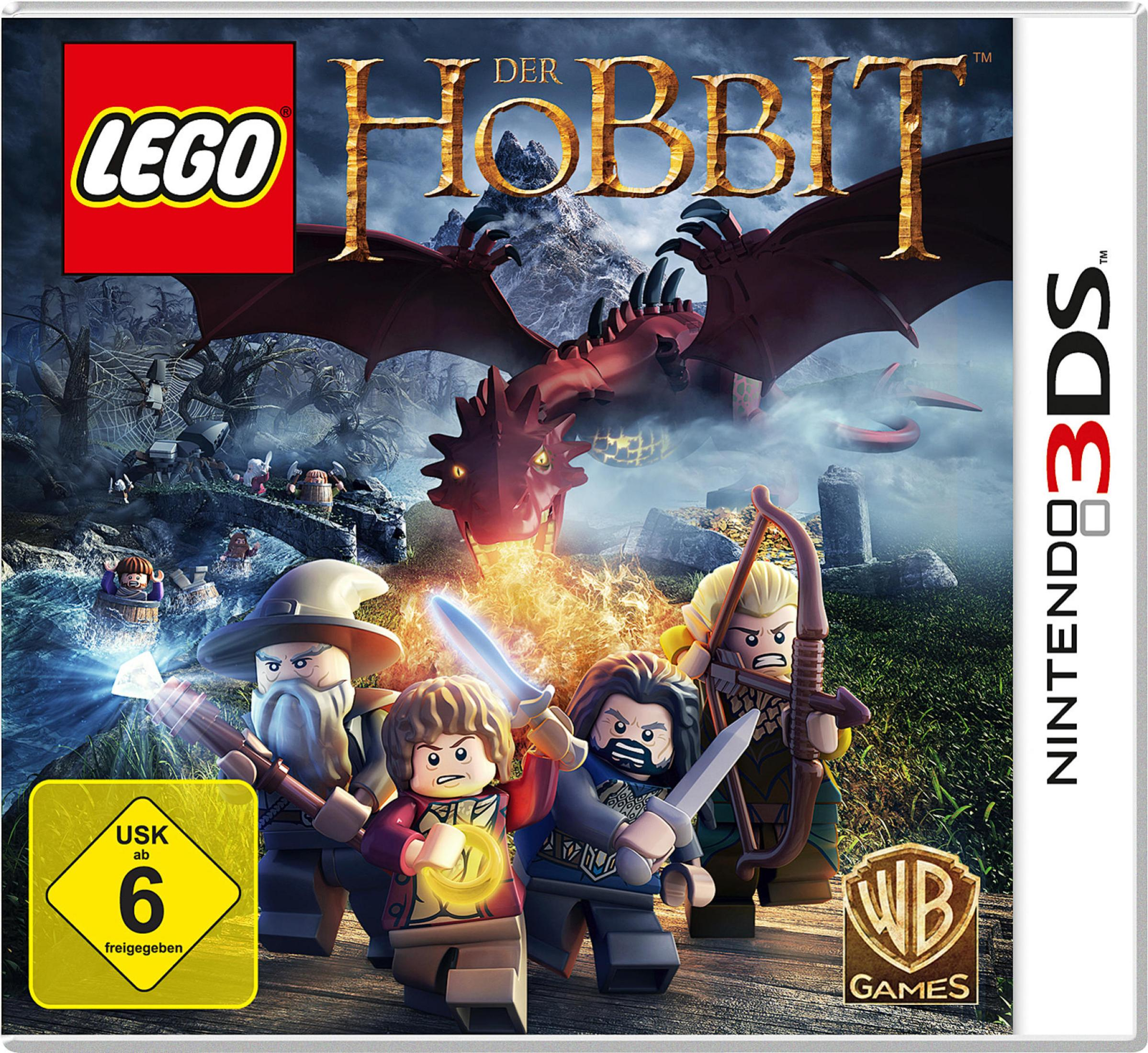 LEGO Der Hobbit 3DS-Spielcover mit Lego-Figuren, einem Drachen und dem Nintendo 3DS-Logo.
