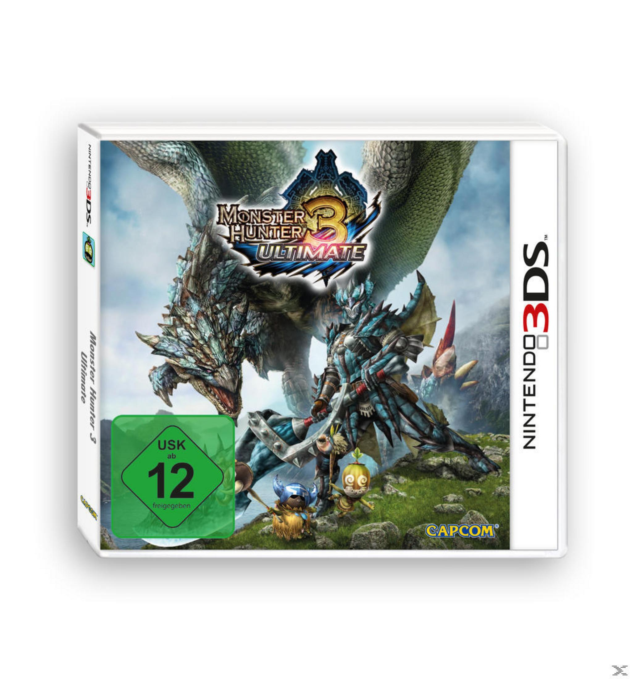 Monster Hunter 3 Ultimate-Spielcover für Nintendo 3DS mit Monstern und Charakteren im Freien.