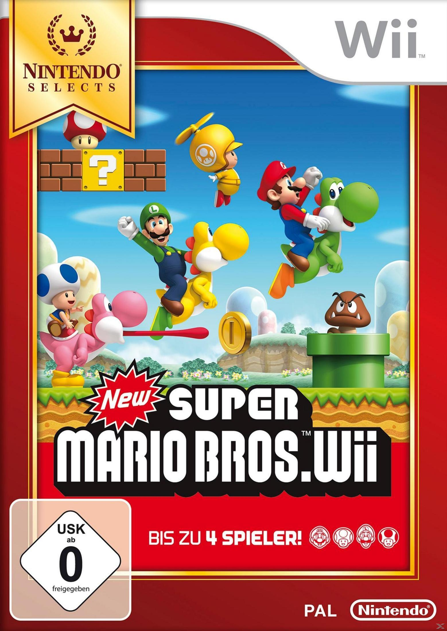 New Super Mario Bros. Wii-Spielcover mit Mario, Luigi, Yoshi und anderen Charakteren in einer farbenfrohen Szene.