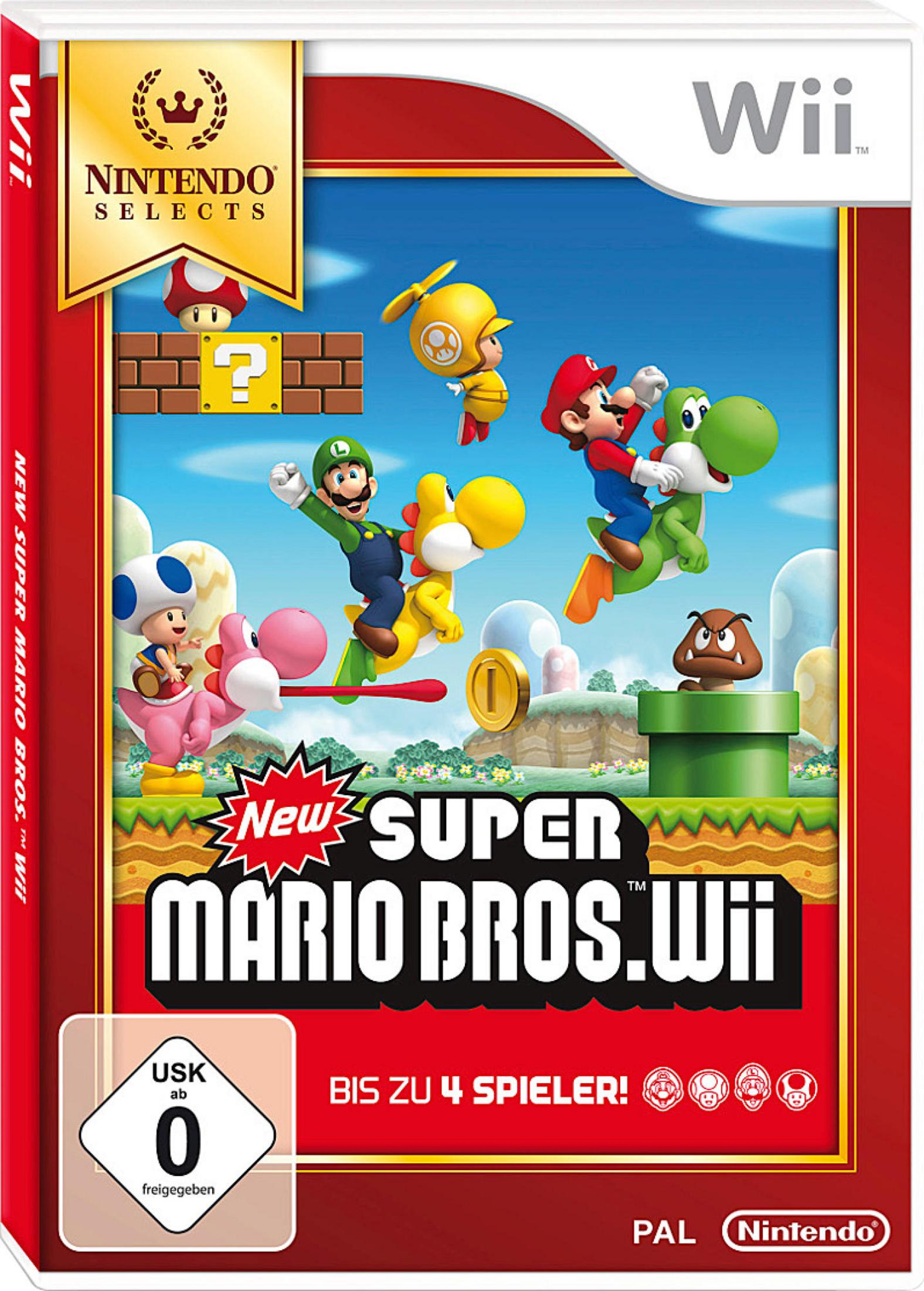 New Super Mario Bros. Wii-Spielcover mit Mario, Luigi, Yoshi und anderen Charakteren in einer farbenfrohen Szene.