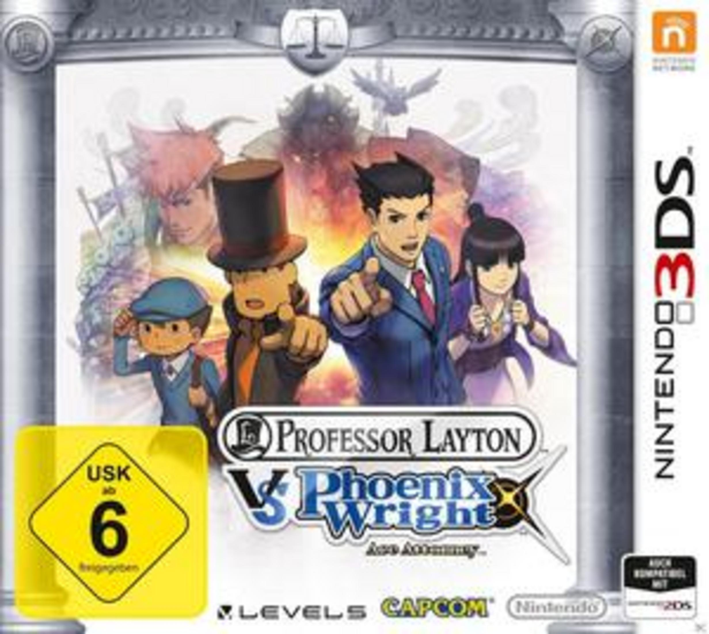 Professor Layton vs. Phoenix Wright Spielcover mit den Charakteren in einem Rahmen.