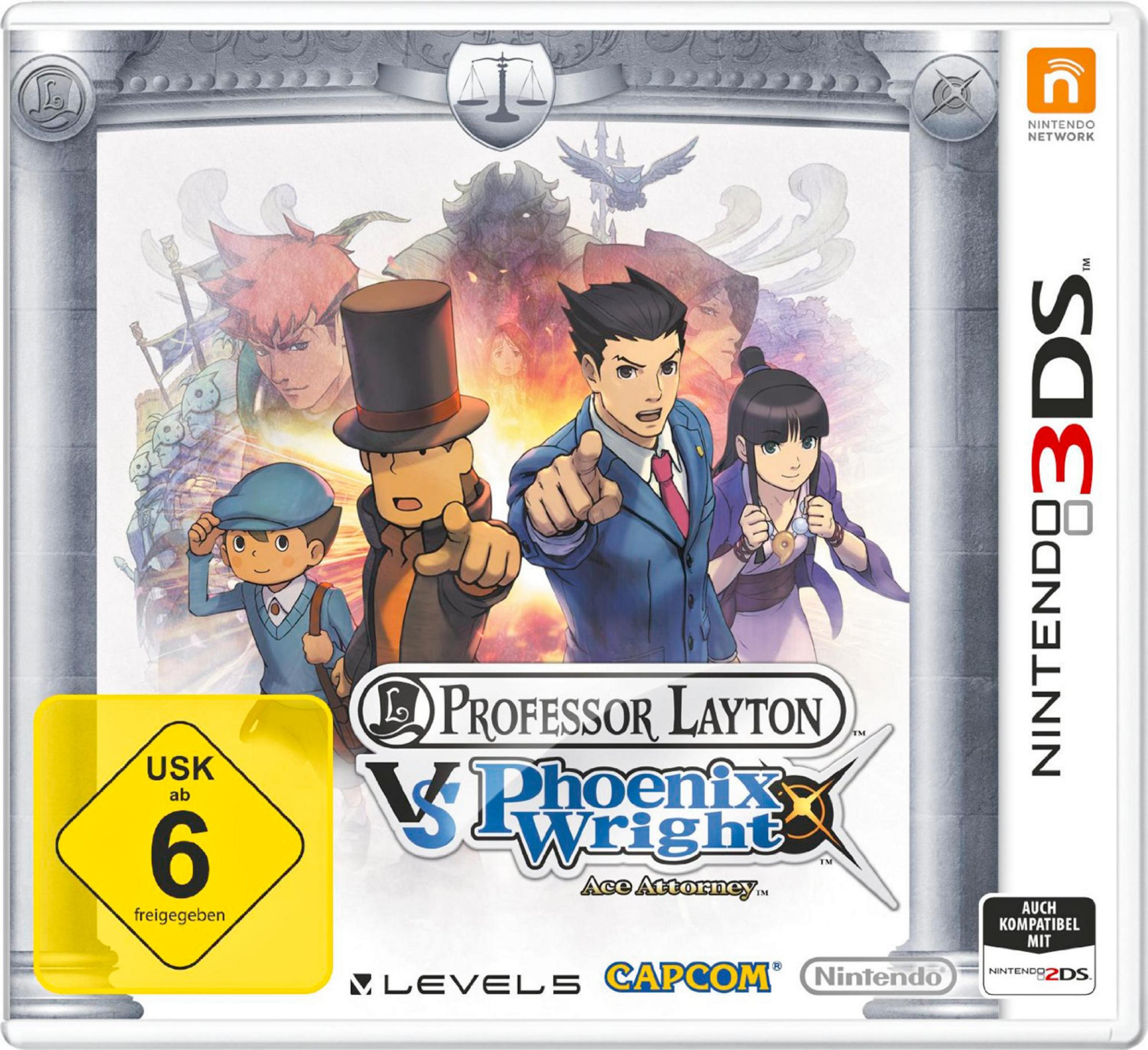 Professor Layton vs. Phoenix Wright Spielcover mit den Charakteren in einem Rahmen.