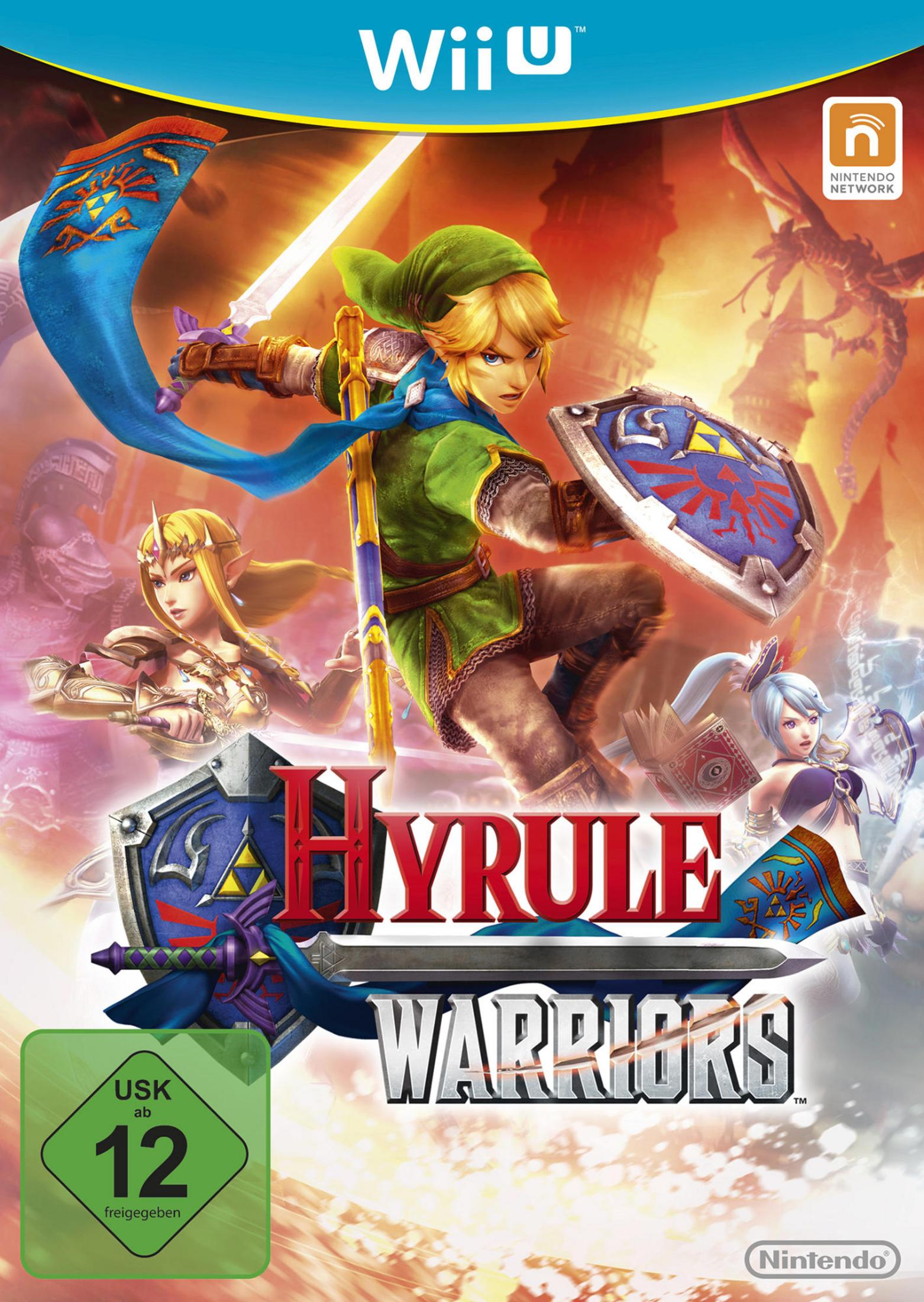 Hyrule Warriors Spielcover mit Link mit Schwert und Schild und anderen Charakteren im Hintergrund.
