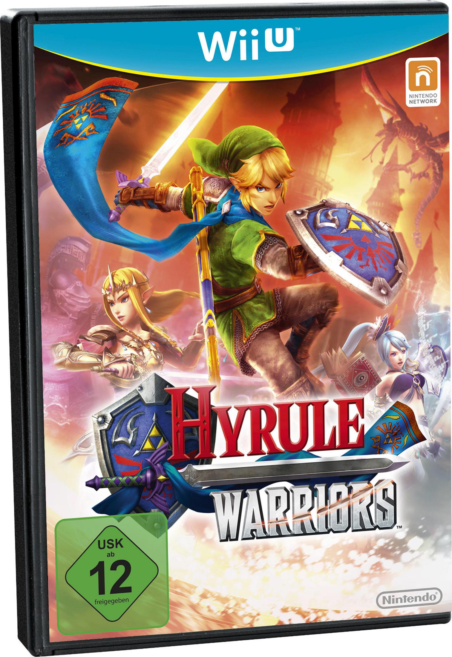 Hyrule Warriors-Spielcover mit Link, Zelda und anderen Charakteren in einer Fantasy-Umgebung.