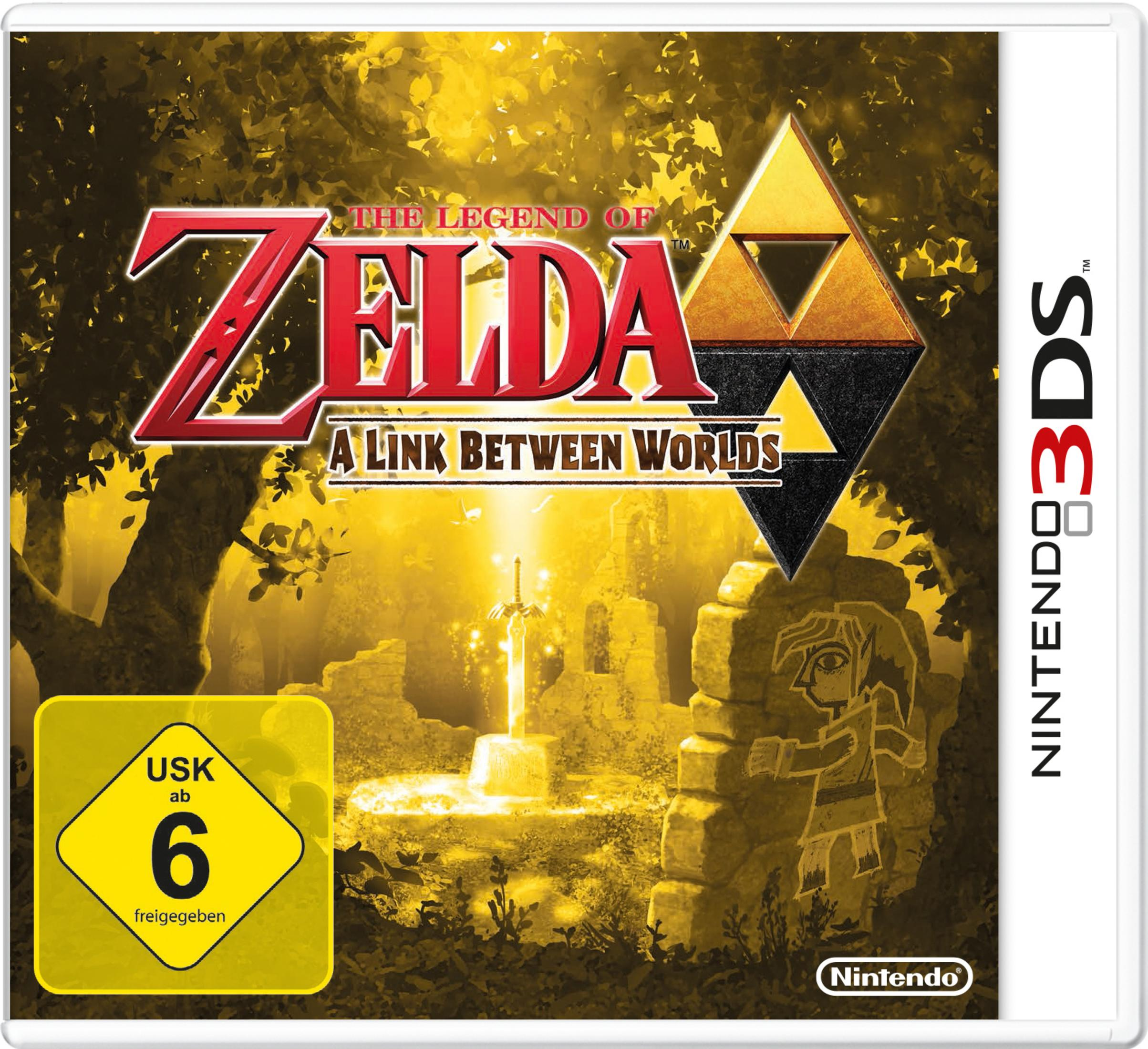 Zelda: A Link Between Worlds-Spielcover zeigt Link mit einem Schwert in einer goldenen und braunen Waldszene.