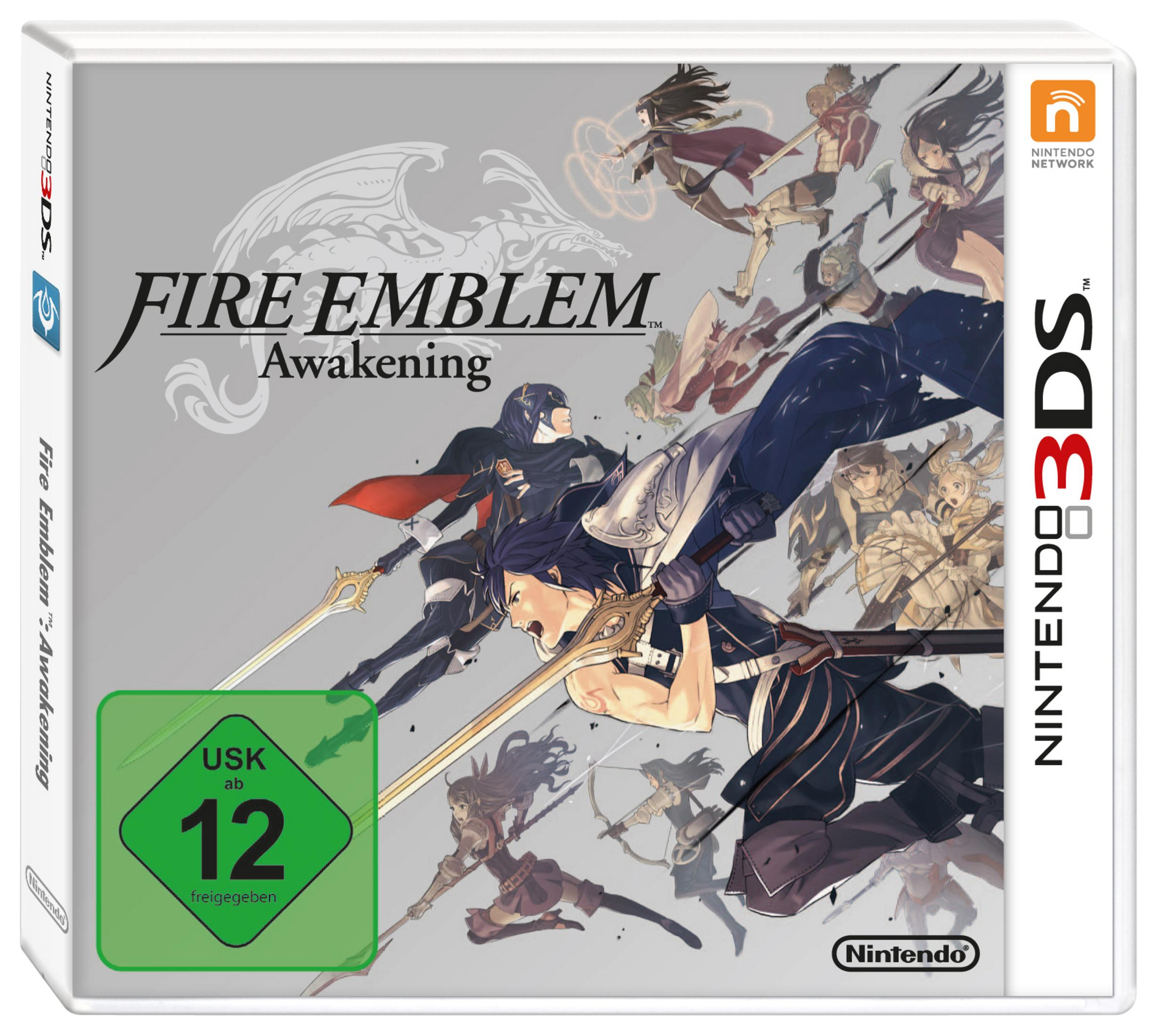 Fire Emblem Awakening-Spielcover mit Anime-Charakteren mit Schwertern auf grauem Hintergrund.
