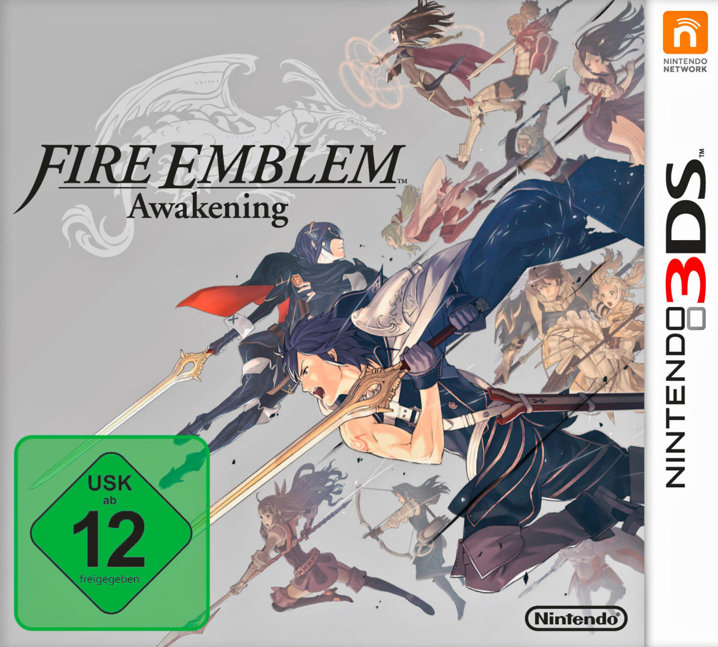 Fire Emblem Awakening-Spielcover mit Anime-Charakteren mit Schwertern auf grauem Hintergrund.