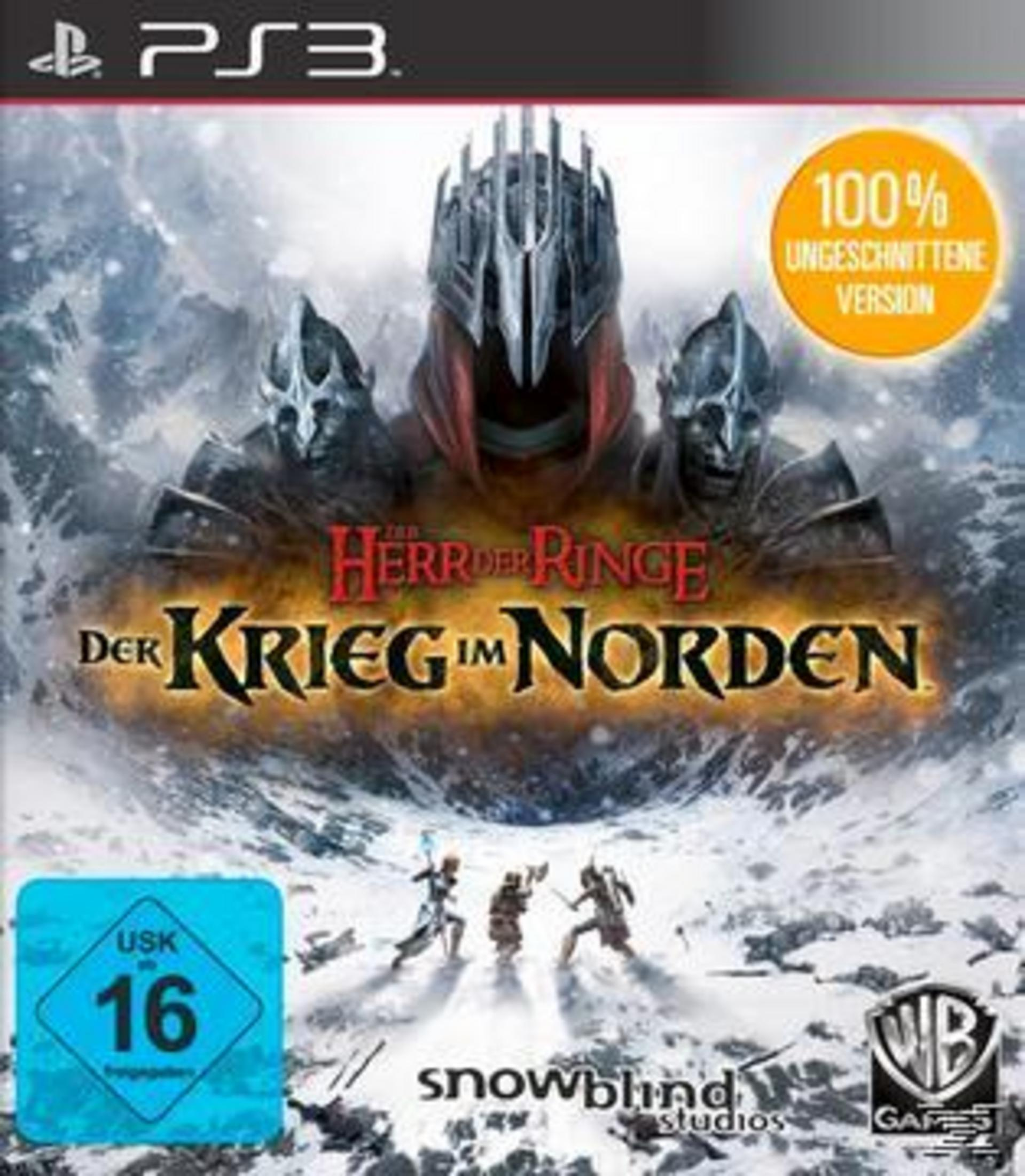 Spielcover für Der Herr der Ringe: Krieg im Norden. Zeigt gepanzerte Figuren in einer verschneiten Berglandschaft.