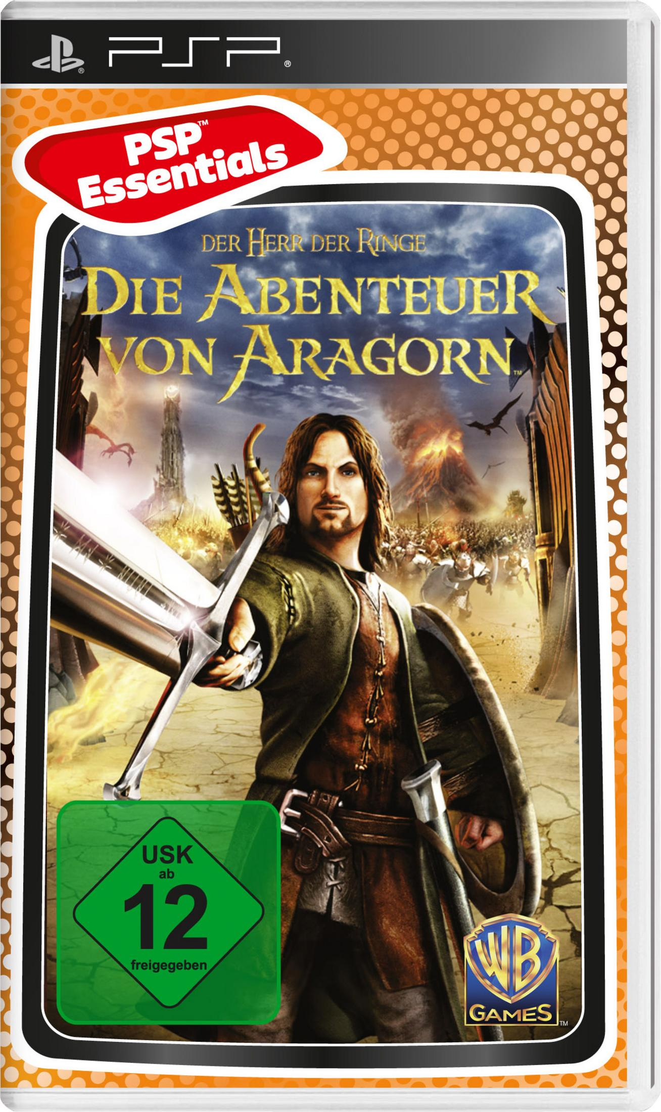 Spielcover: Der Herr der Ringe: Aragorns Abenteuer für PSP. Zeigt Aragorn mit einem Schwert, mit einer Kampfszene dahinter.