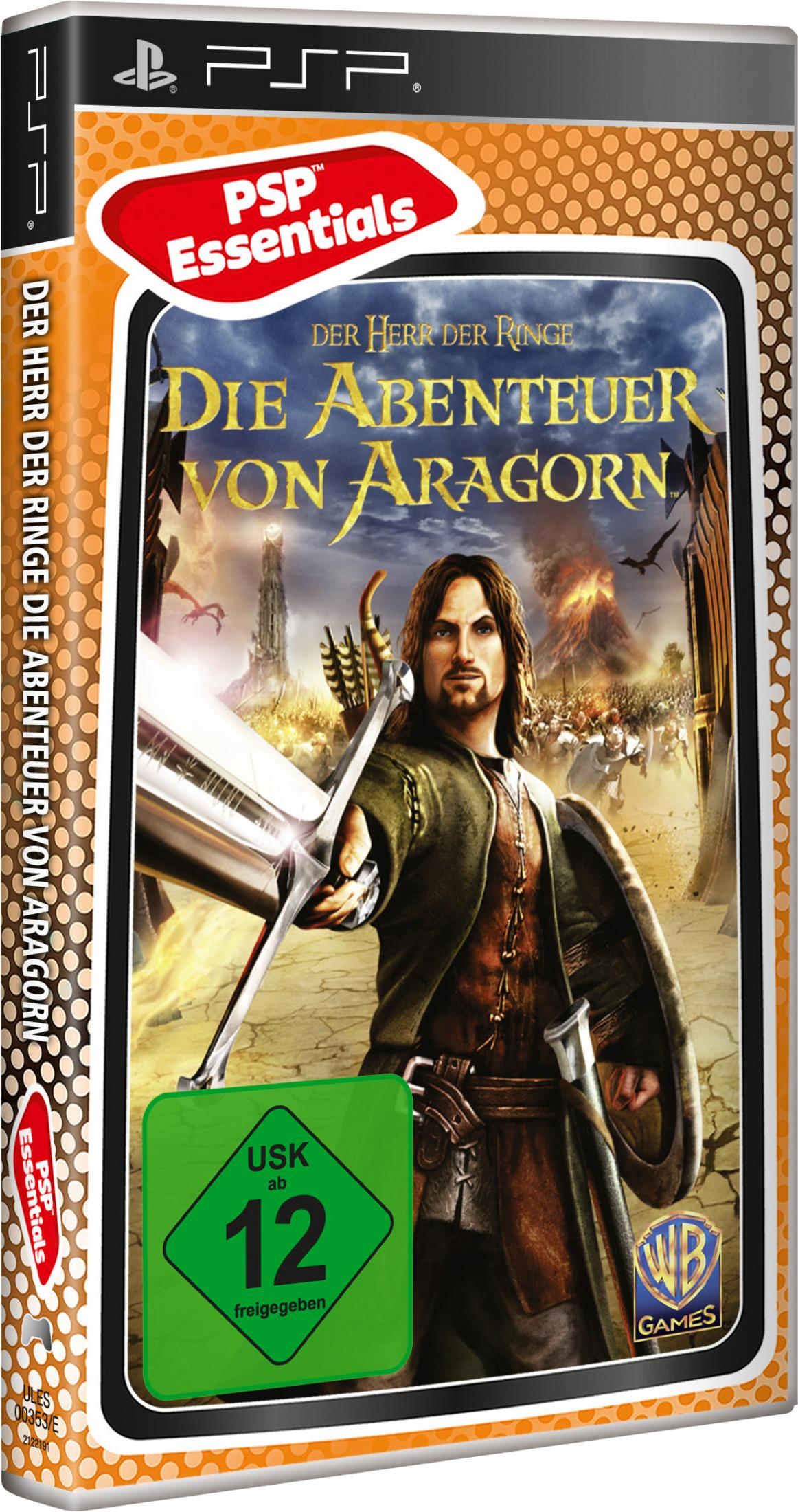 Spielcover: Der Herr der Ringe: Aragorns Abenteuer für PSP. Zeigt Aragorn mit einem Schwert, mit einer Kampfszene dahinter.