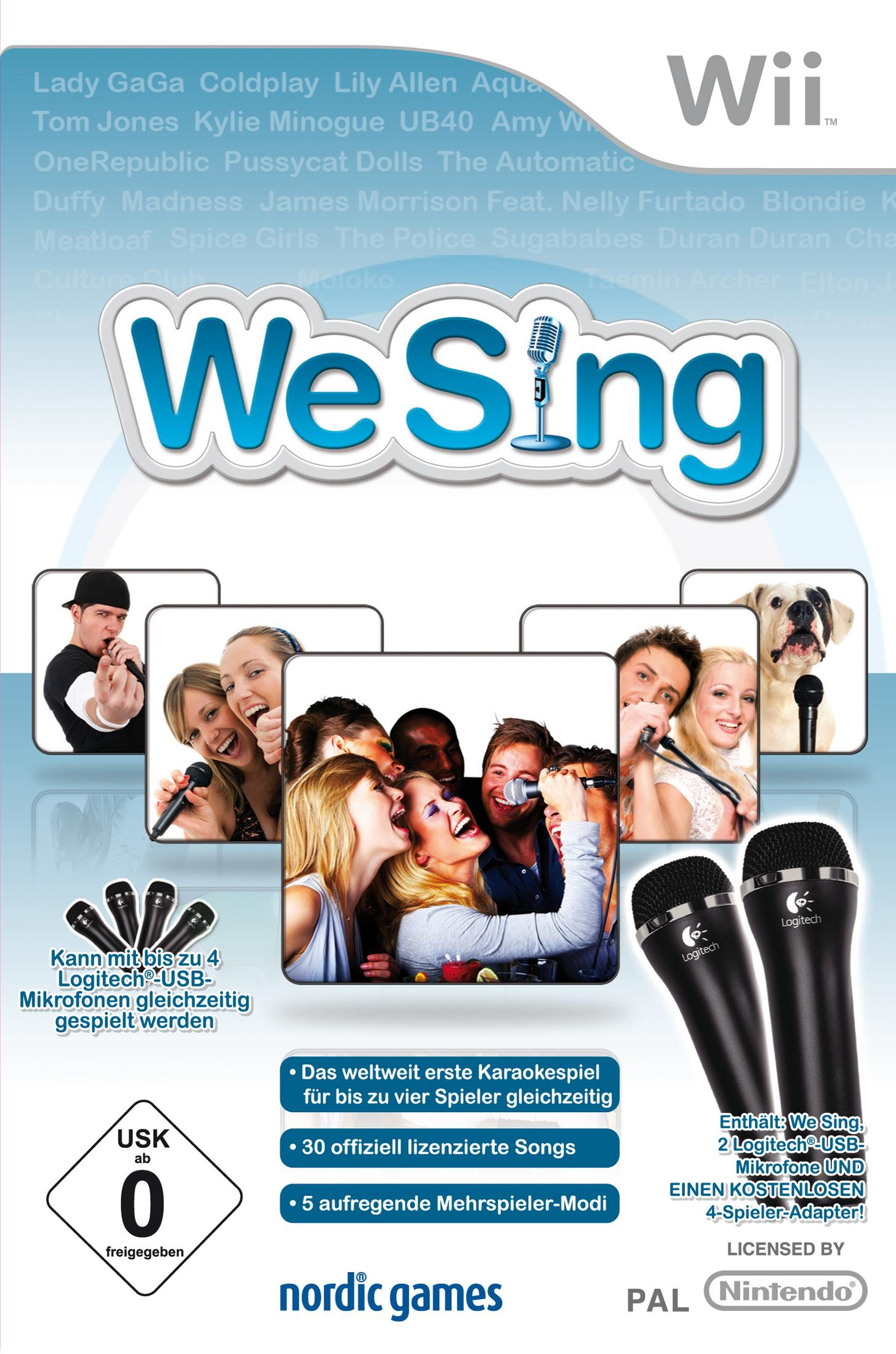 We Sing Wii-Spielcover mit Sängern und Mikrofonen.