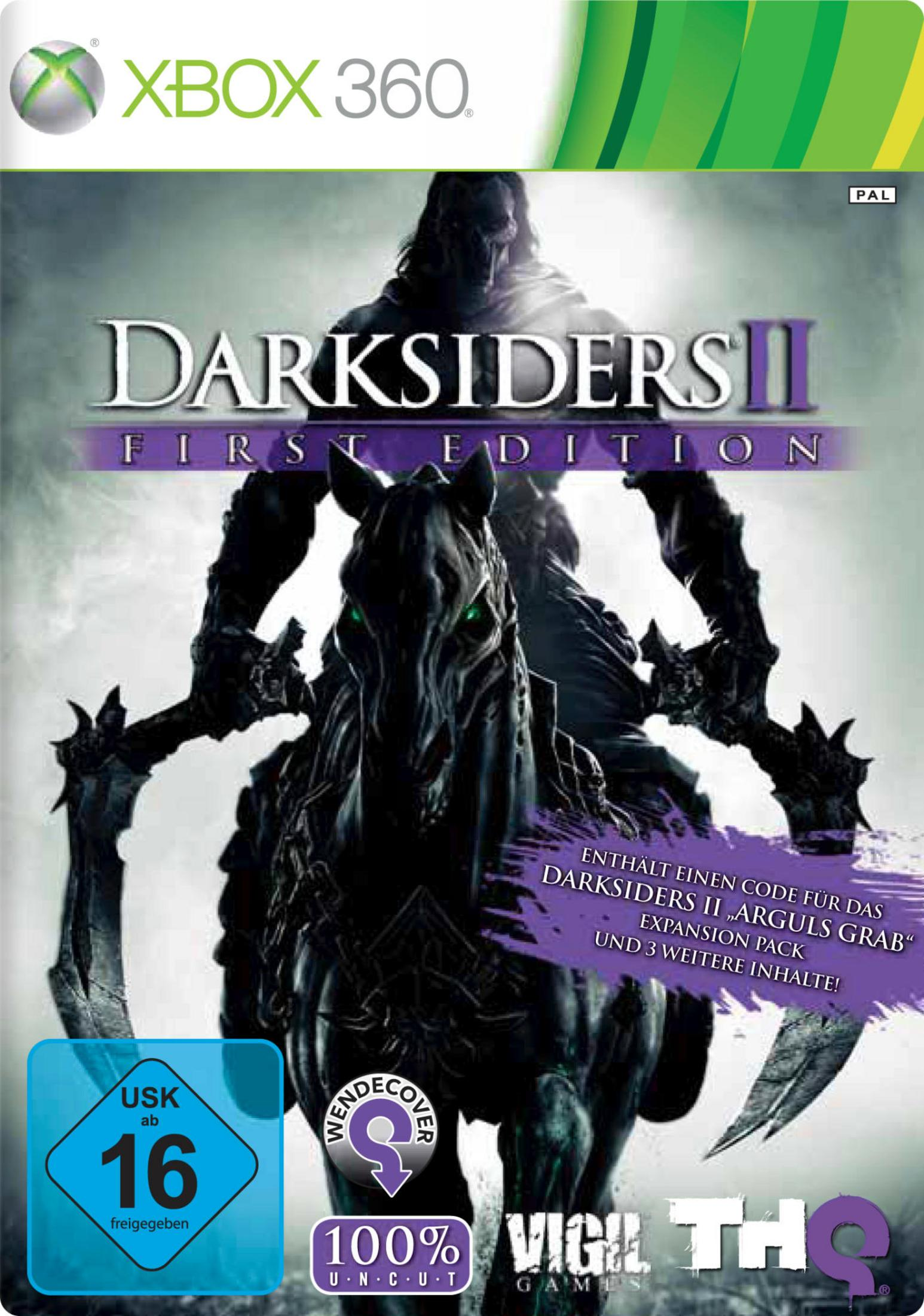 Darksiders II Spielcover. Ein Pferdereiter. Dunkler, bedrohlicher Charakter und Pferd.