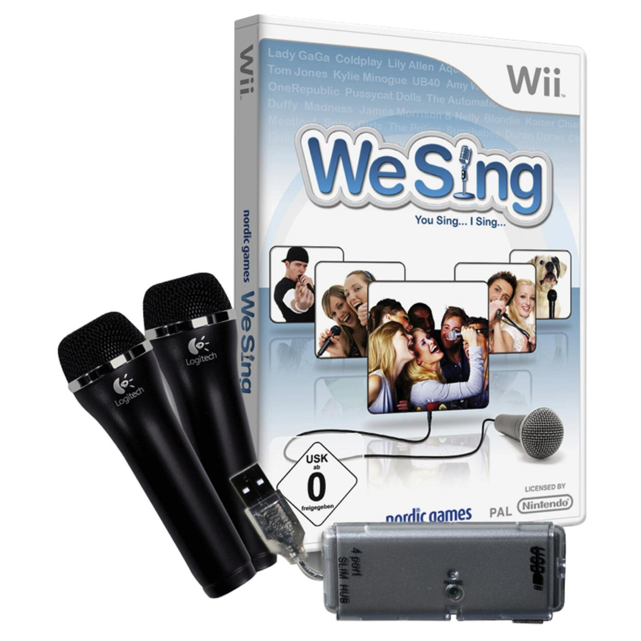 We Sing Spielcover. Mikrofone und eine Wii-Konsolenbox. Singende Leute.