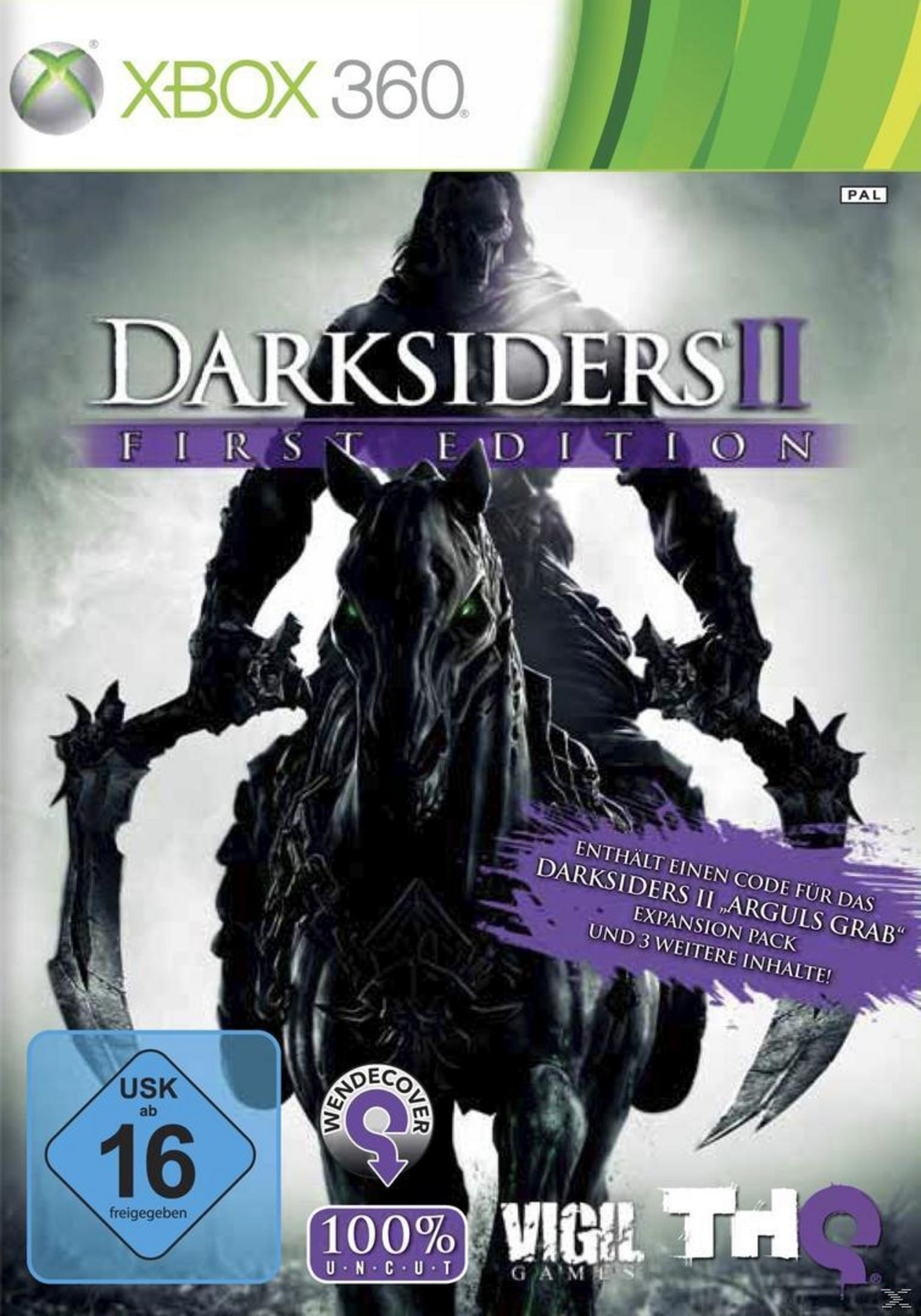 Darksiders II Spielcover. Ein Pferdereiter. Dunkler, bedrohlicher Charakter und Pferd.