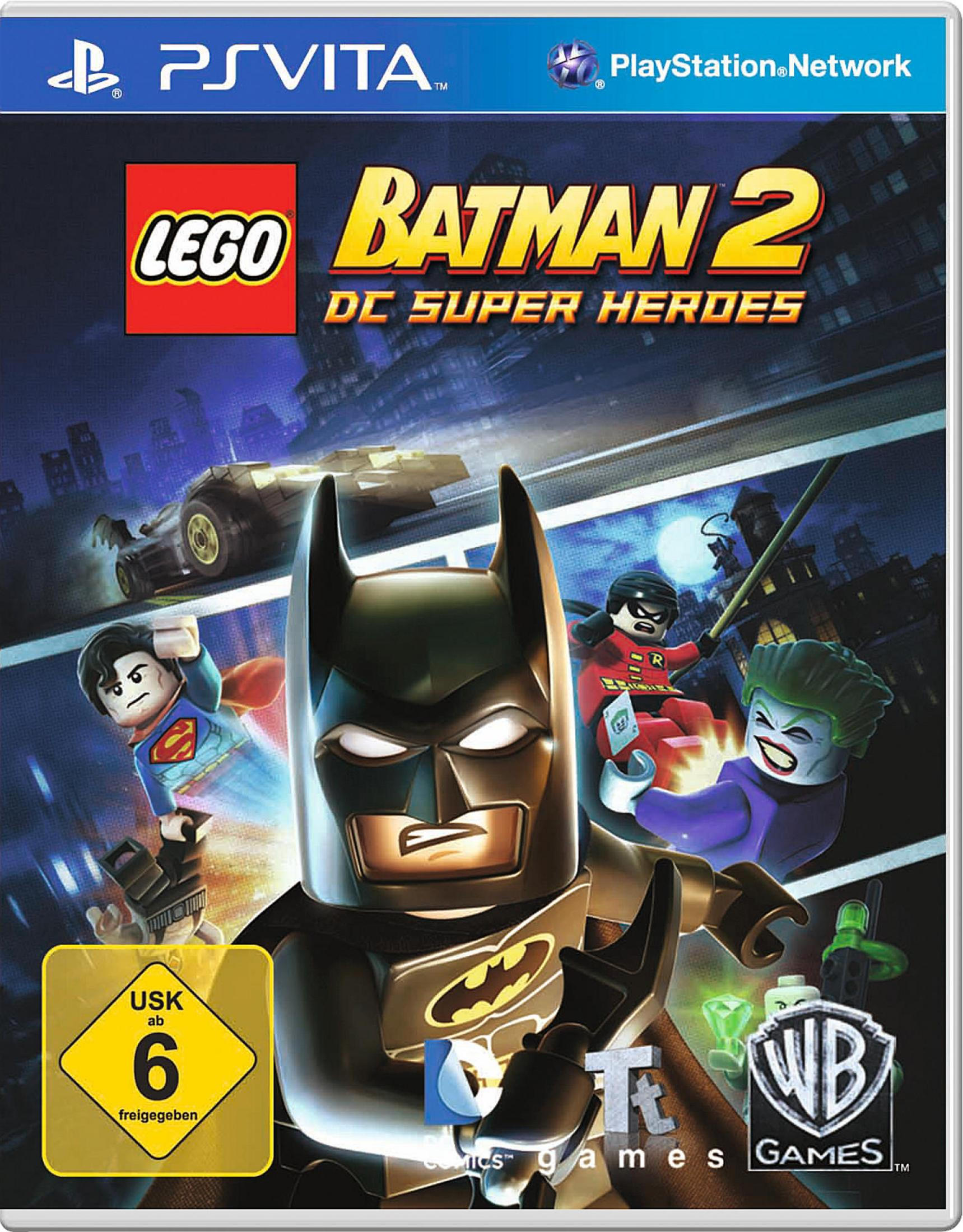 Lego Batman 2 Spielcover. Batman und andere Lego-Charaktere in einer Stadt.