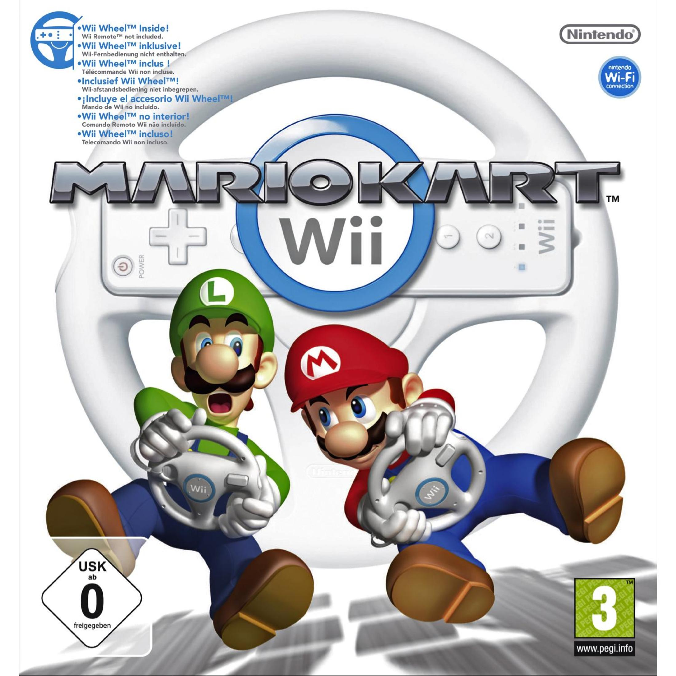 Mario Kart Wii Spielcover. Mario und Luigi fahren. Weißes Lenkrad.