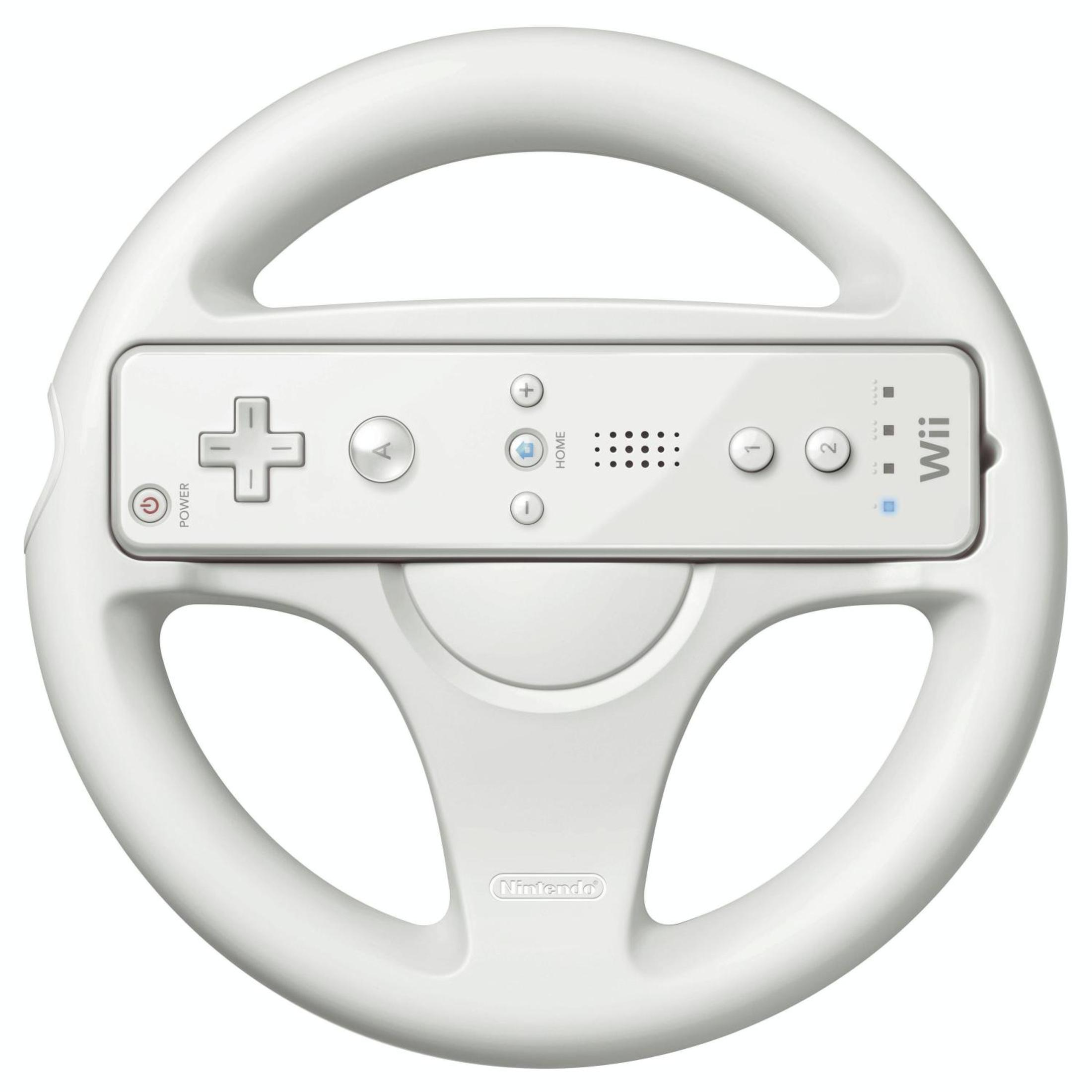 Weißes Wii-Rad mit einer in der Mitte eingesetzten Wii-Fernbedienung. Das Rad ist aus Kunststoff, die Fernbedienung ist weiß.