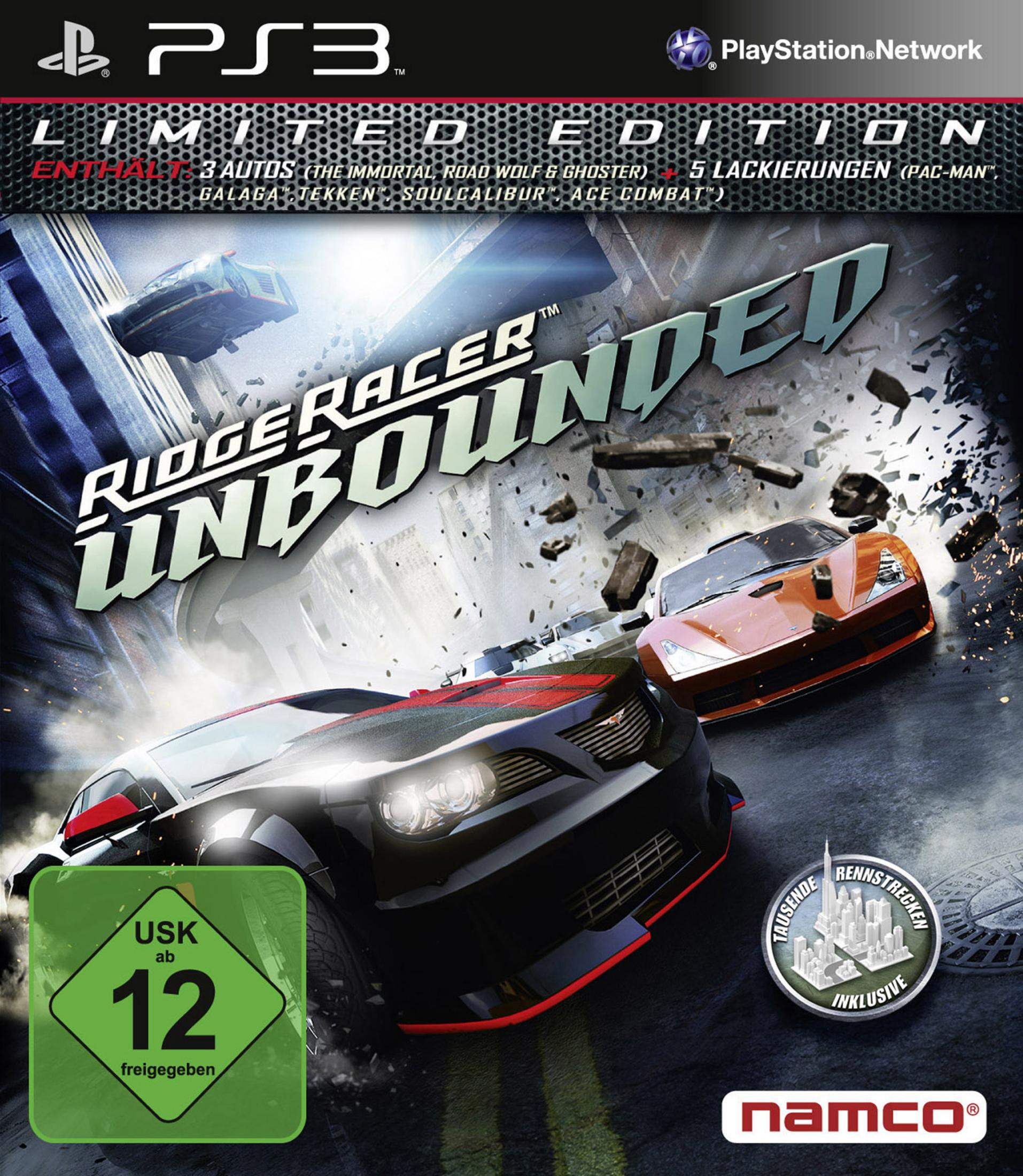Ridge Racer Unbounded-Spielcover. Autos und Gebäudeschutt im Vordergrund. "Ridge Racer" in fetter, verwaschener Schrift.