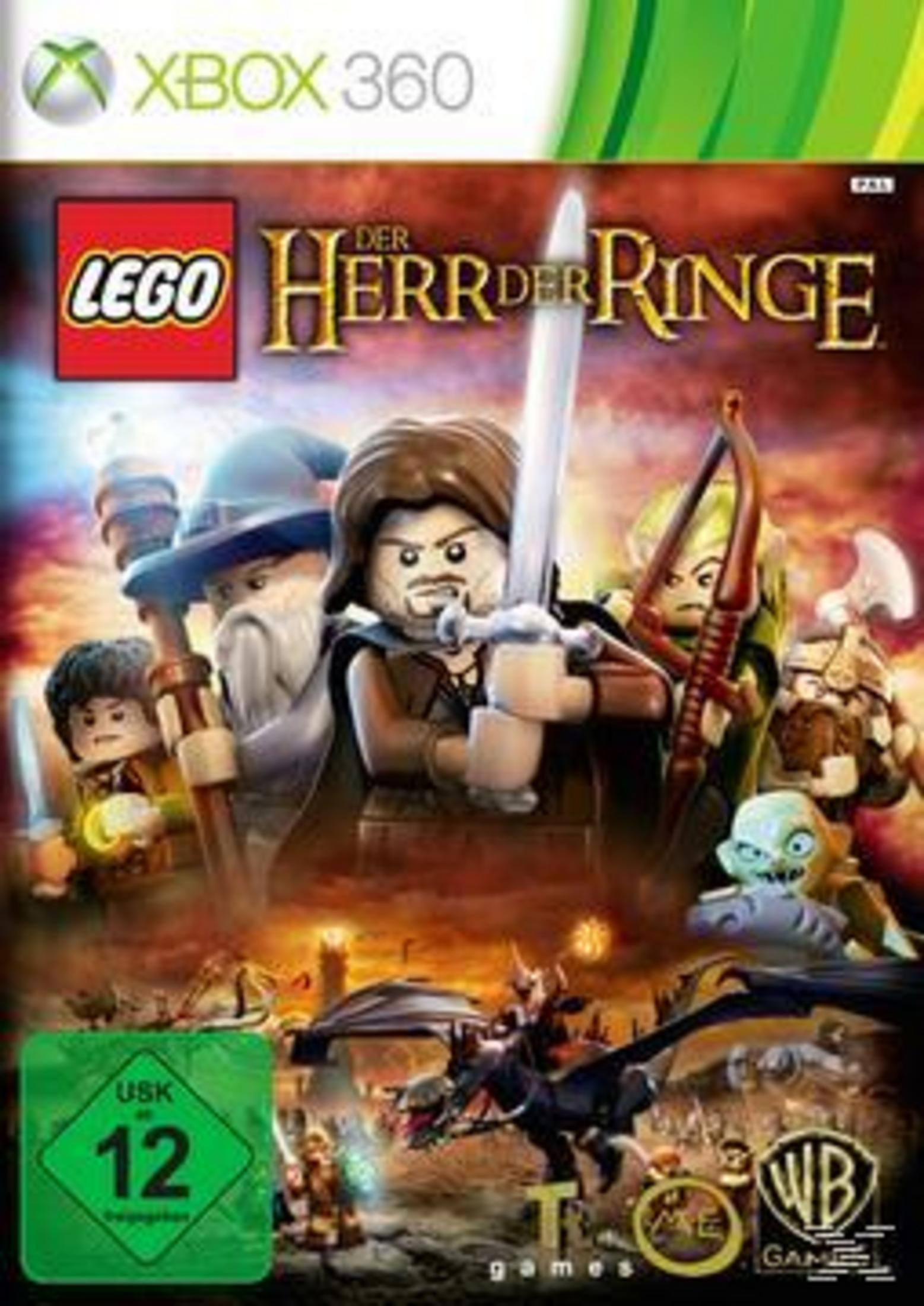 Lego Herr der Ringe-Spielcover für Xbox 360 mit Lego-Charakteren in einer Fantasy-Umgebung.