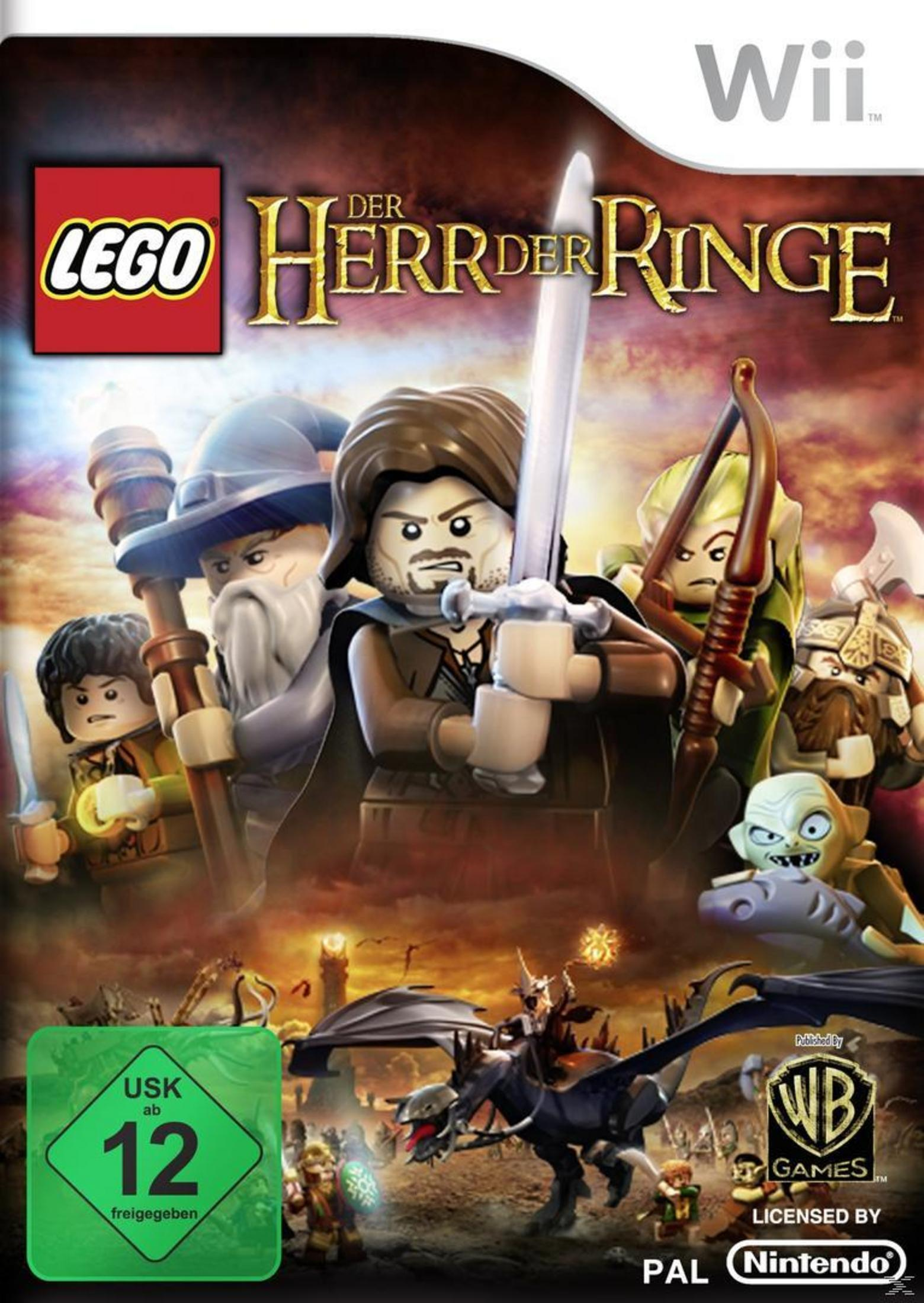 Wii-Spielcover für Lego Herr der Ringe mit Lego-Charakteren in einer Fantasy-Umgebung.