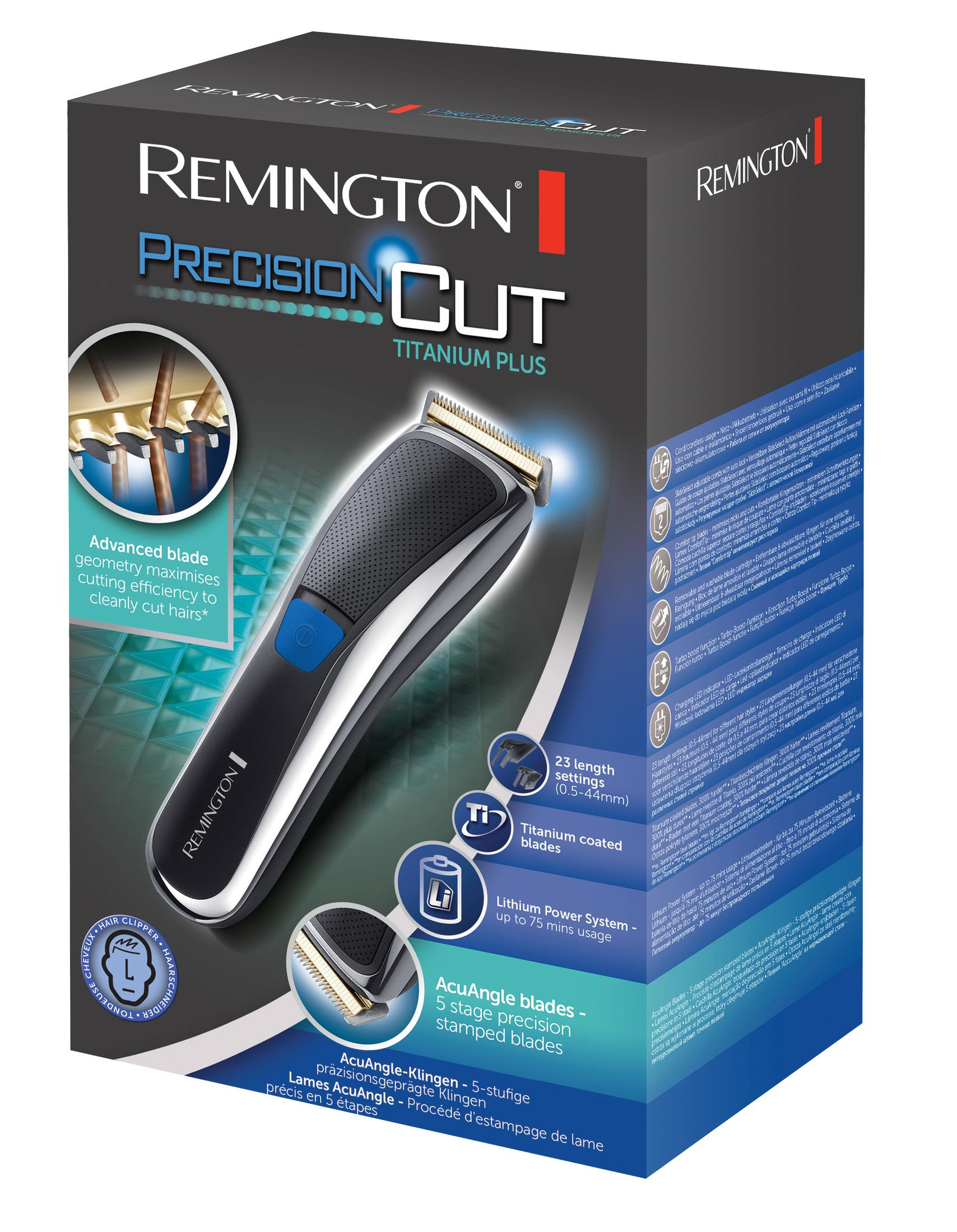 Remington Precision Cut saç kesme makinesi kutusu, ürünü ve temel özelliklerini ayrıntılı olarak gösteriyor.