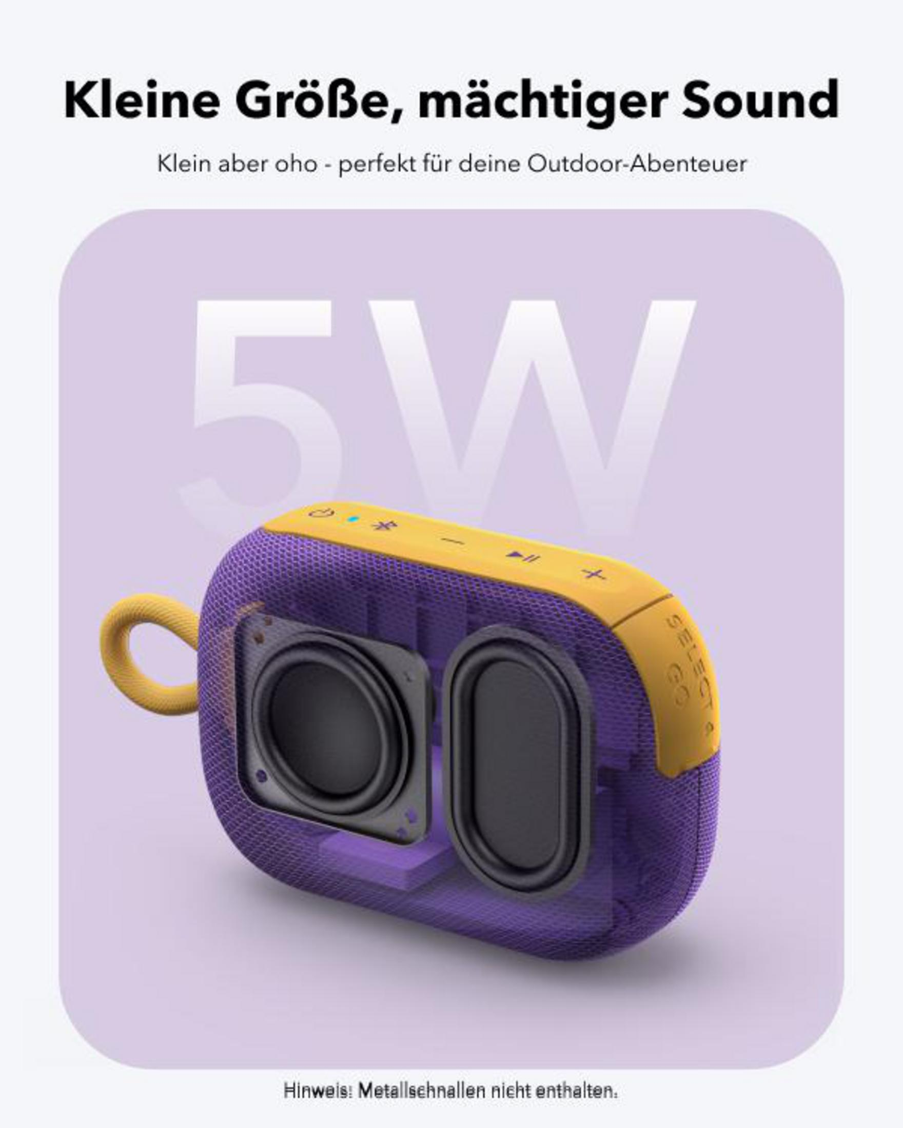 Un altoparlante portatile viola e giallo con componenti interni visibili viene visualizzato su uno sfondo viola chiaro.
