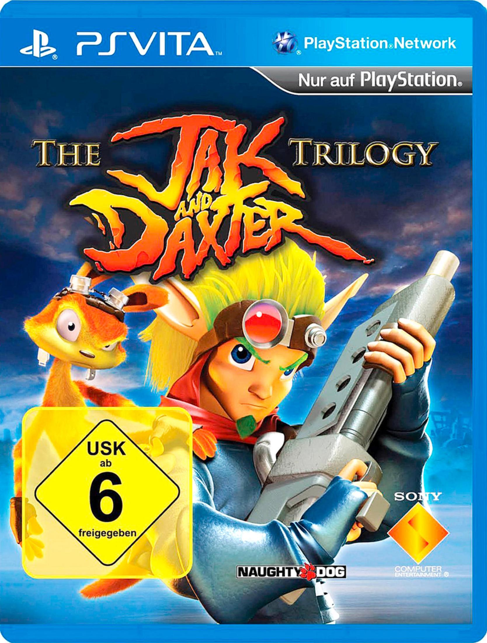 Das Jak and Daxter Trilogy-Spielcover für PS Vita mit den Hauptfiguren und einer Waffe.