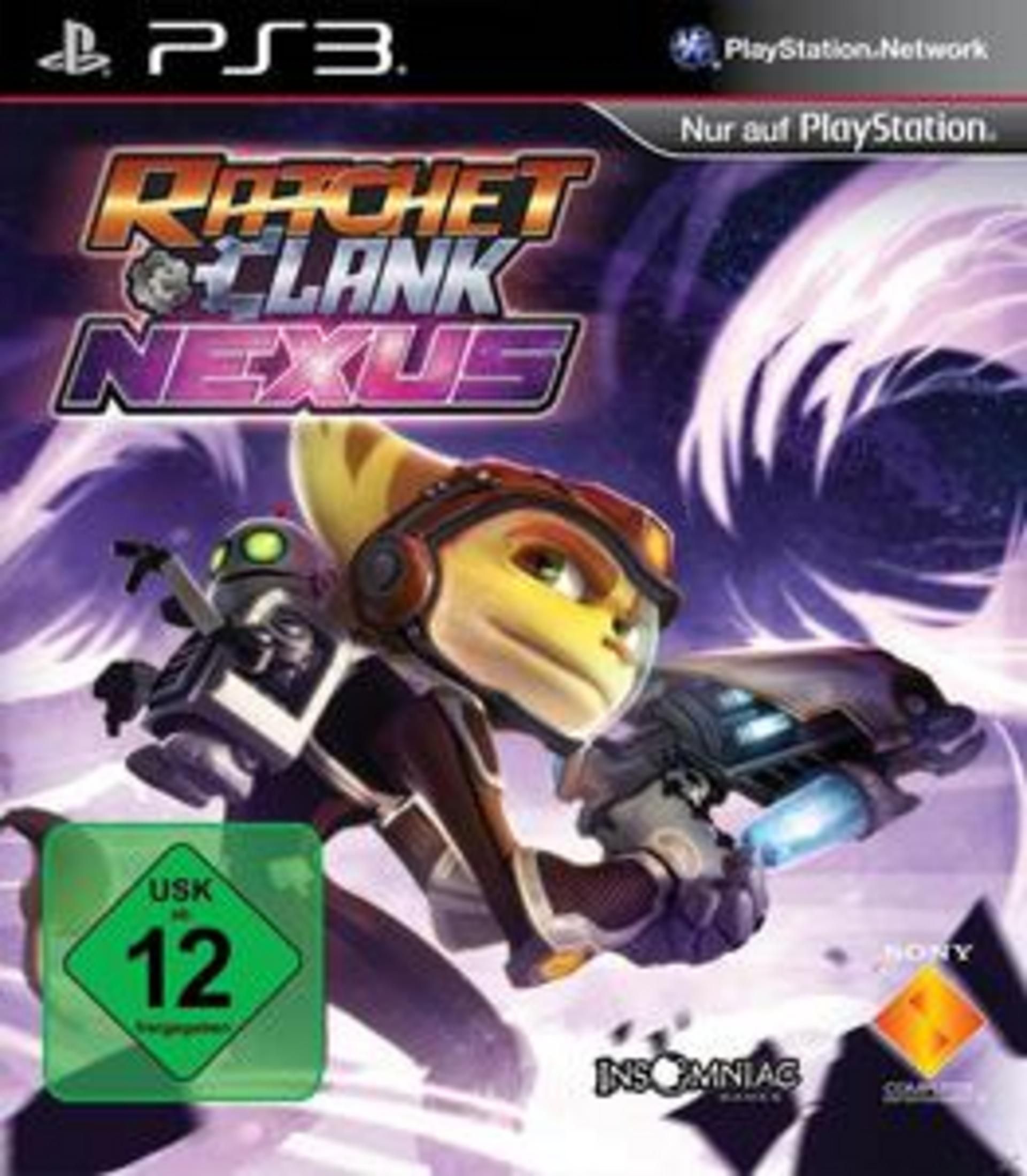 Spielcover mit Ratchet, einer pelzigen Figur, die eine Waffe hält, mit einem Roboter an seiner Seite.