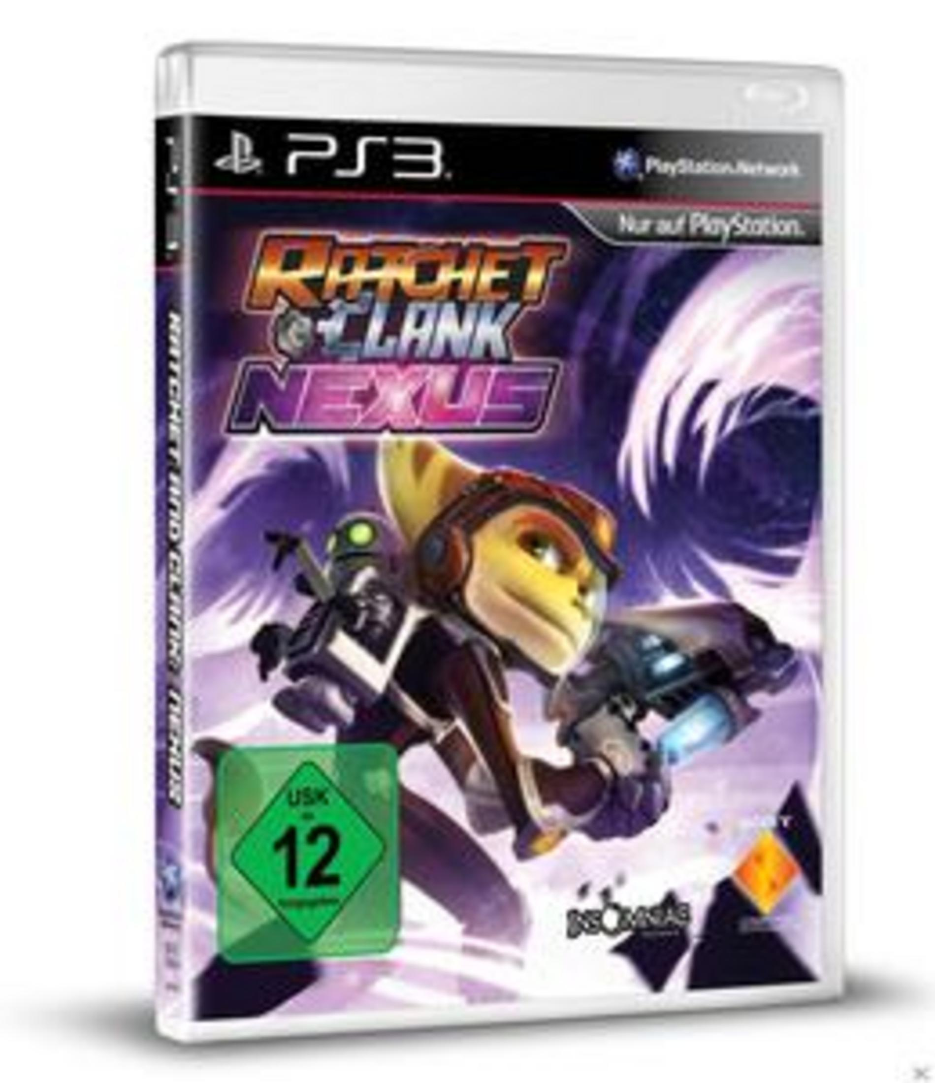 Spielcover mit Ratchet, einer pelzigen Figur, die eine Waffe hält, mit einem Roboter an seiner Seite in einem Koffer.
